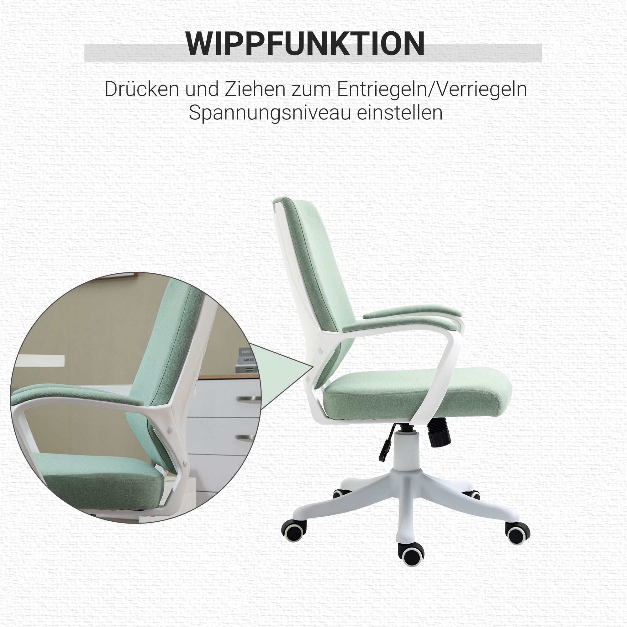 Vinsetto Bürostuhl Schreibtischstuhl Home-Office-Stuhl mit Wippenfunktion Rückenlehne höhenverstellbarer dick gepolstert ergonomisch 360°-Drehräder Polyester Nylon PP Grün+Weiß 62x69x92-100 cm