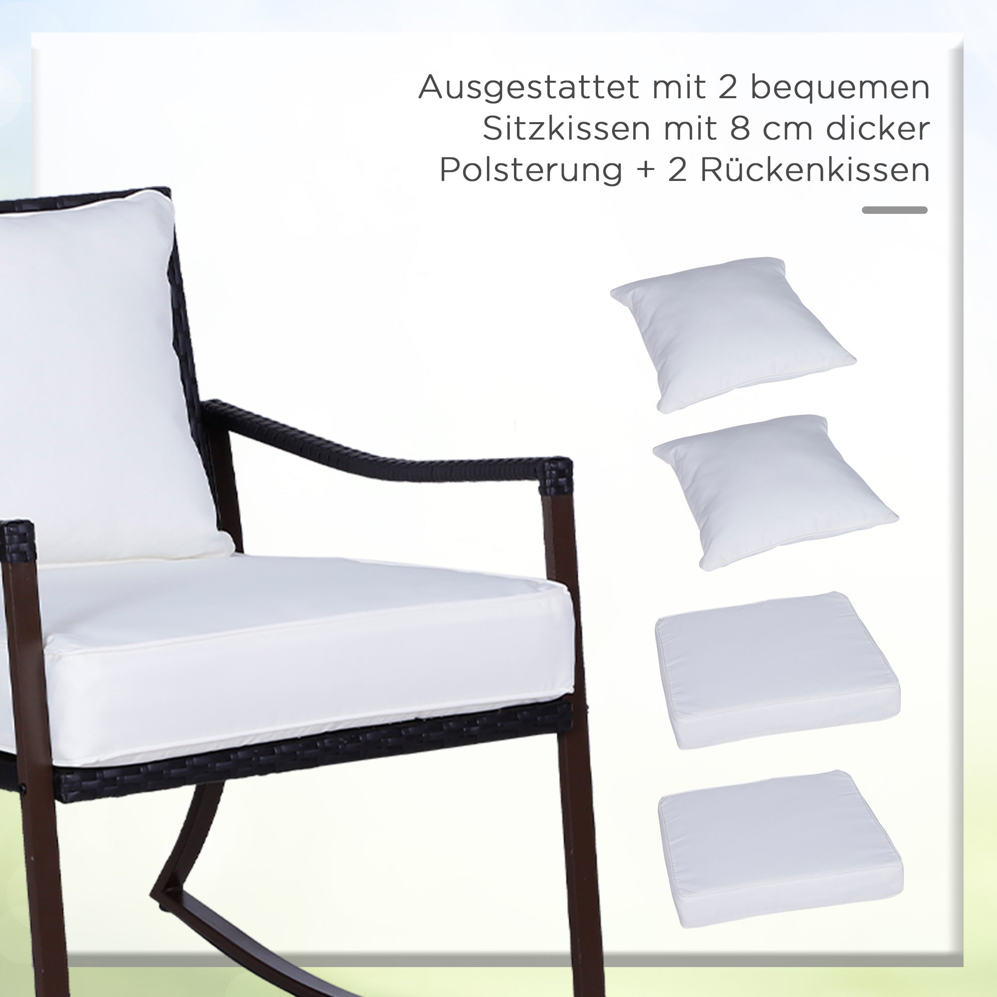 Outsunny Gartenmöbel-Set für 2 Personen, 2 Schaukelstühle, 1 Tisch, inkl. Polster, Braun + Weiß