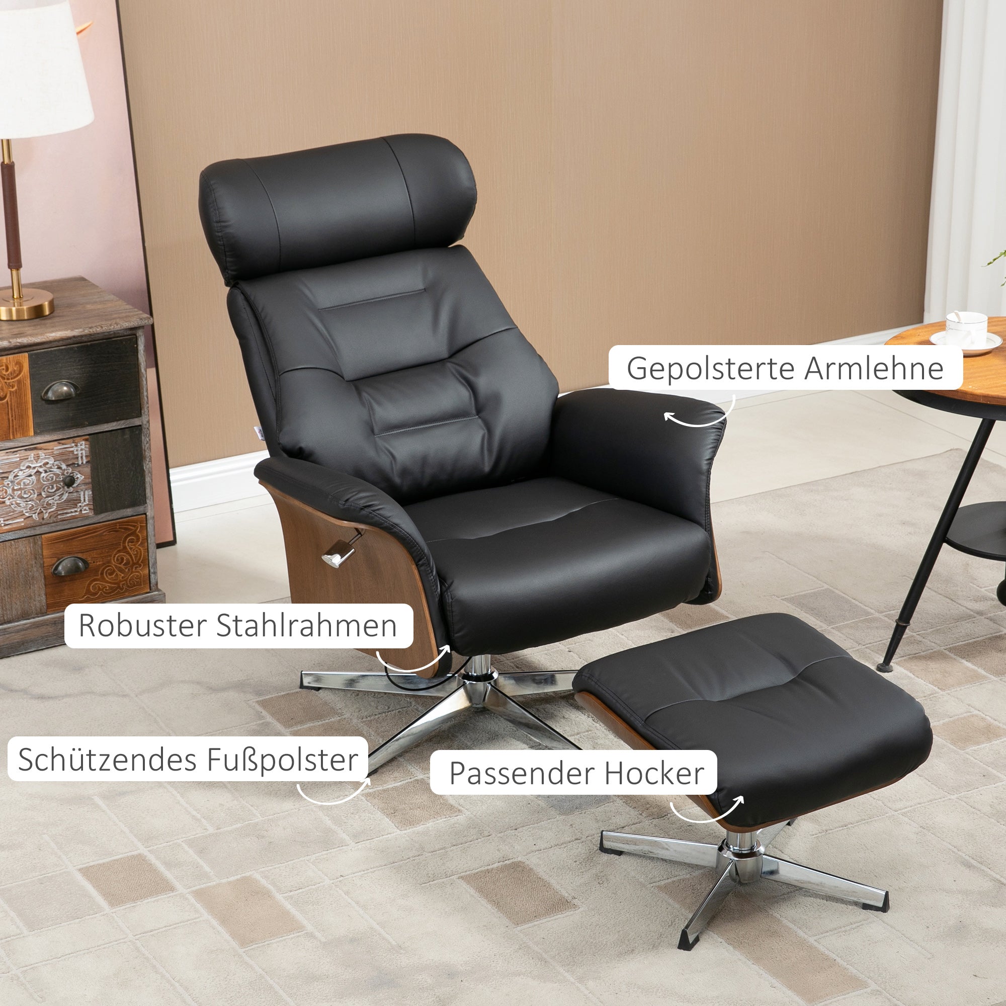 HOMCOM Relaxsessel mit Fußhocker, um 360° drehbar, Liegefunktion, Lesesessel, schwarz, 80 x 84 x 108 cm
