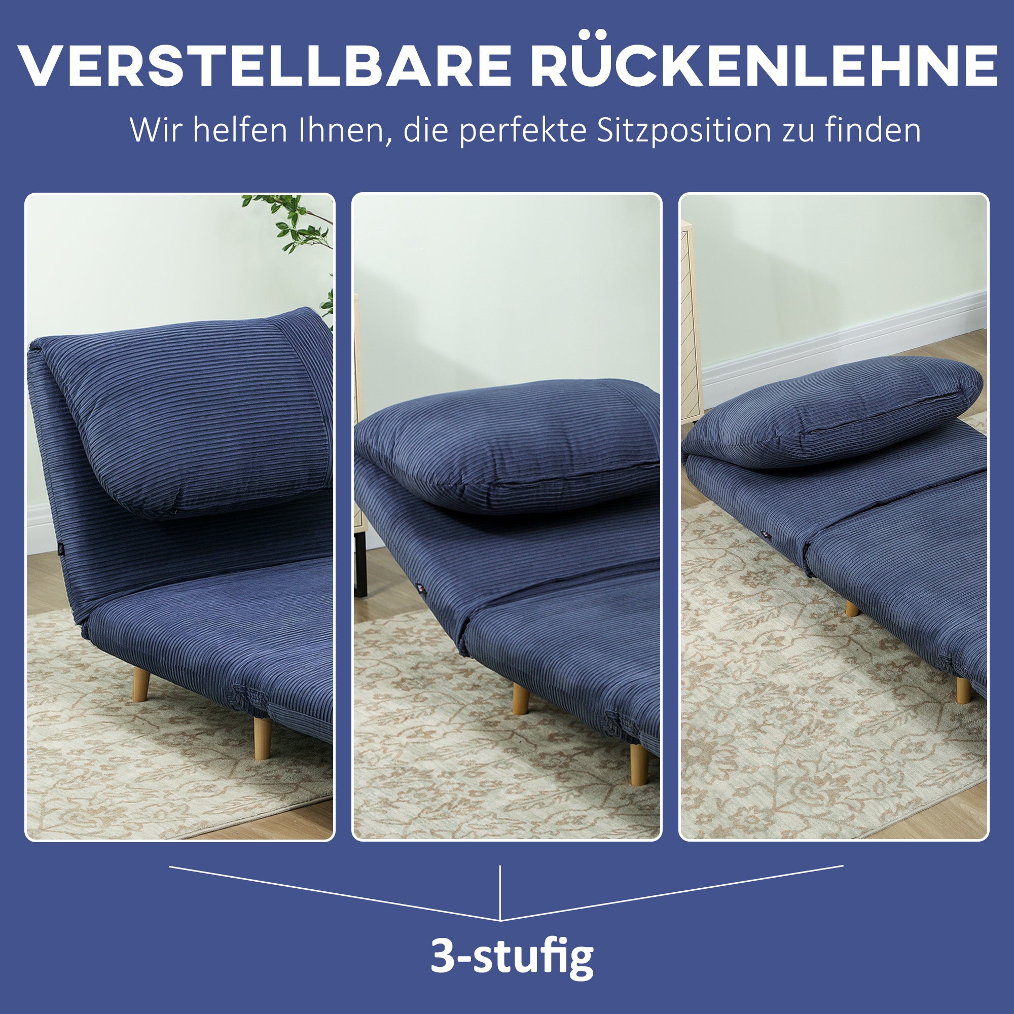 HOMCOM 2-in-1 Schlafsessel Gästebett, verstellbare  Kopfstütze Cord-Optik 82 cm x 8 cm x 83 cm Blau