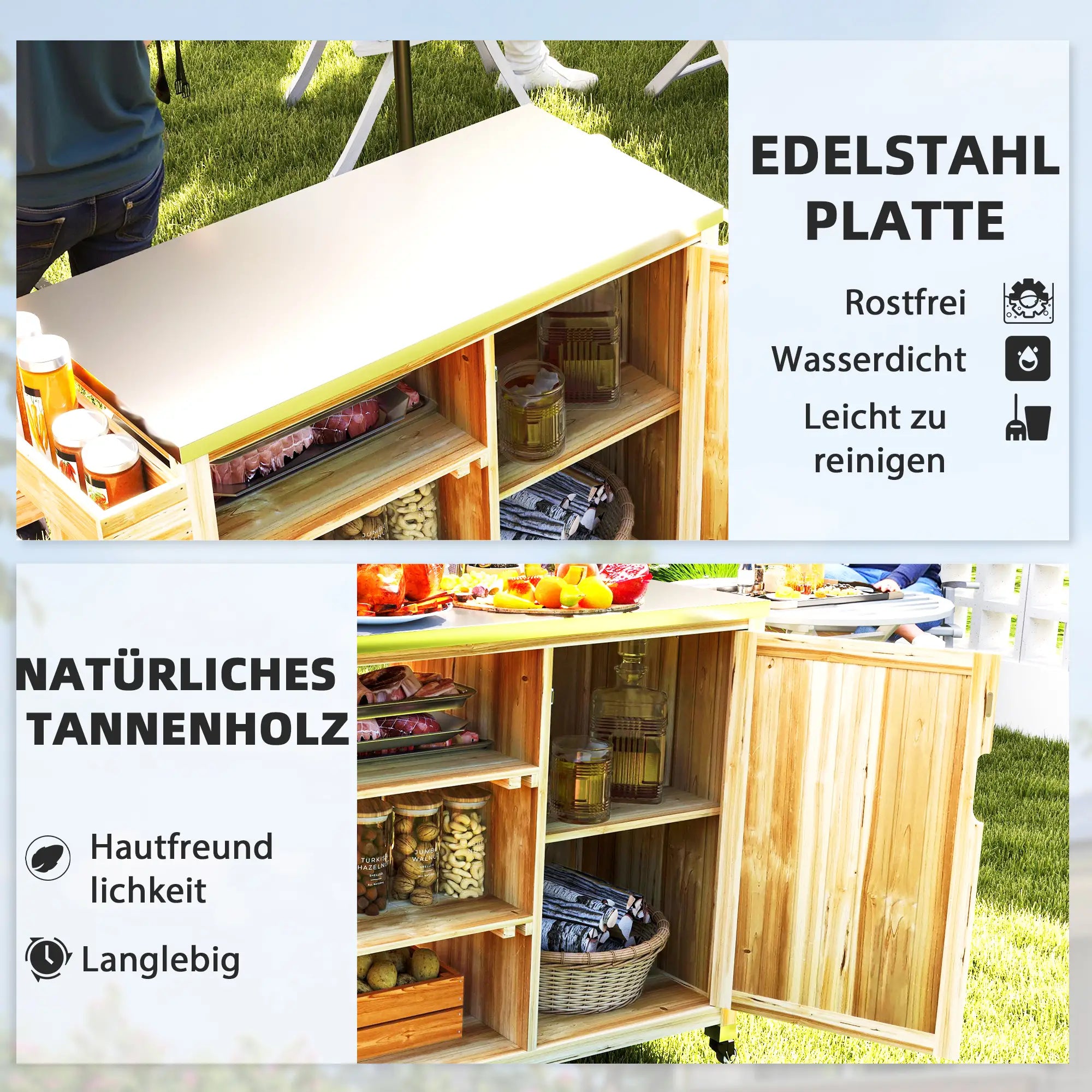 Outsunny Grillwagen Outdoor Kücheninsel mit Rollen Massivholz