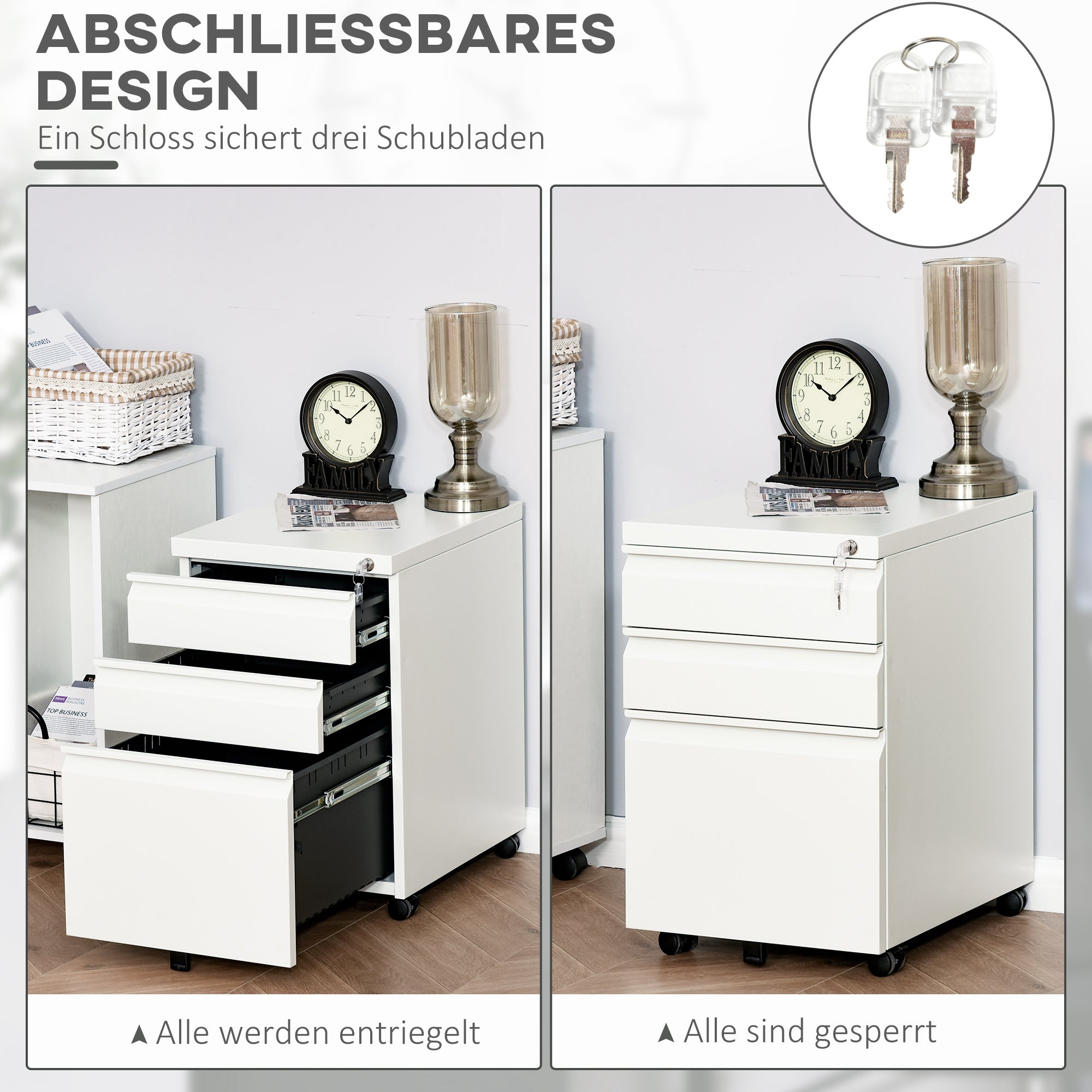 HOMCOM Rollcontainer mit 3 Schubladen mobiler Aktenschrank mit Rollen abschließbar Büroschrank mit konkavem Griff, Schubladenschrank für Büro, Homeoffice, 39 x 48 x 60 cm, Weiß