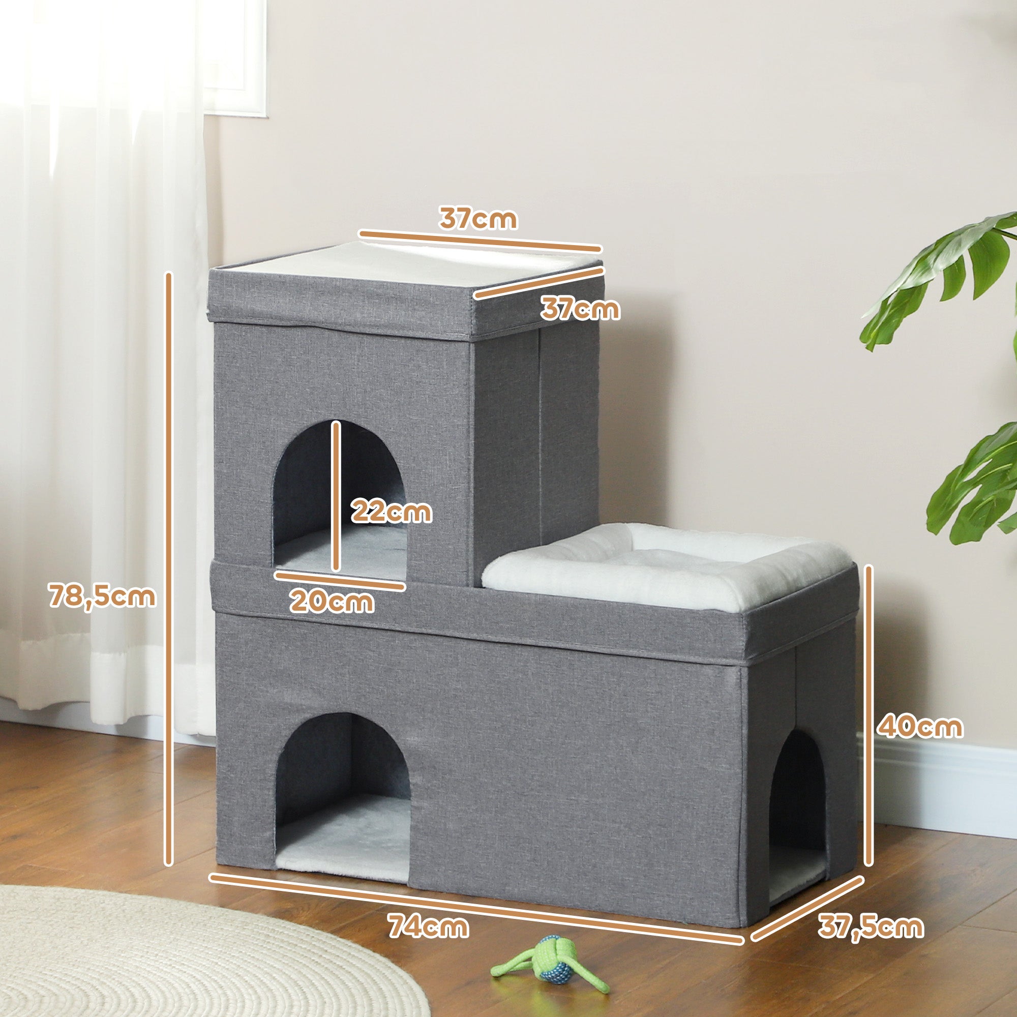 PawHut Katzenhaus mit 2 Katzenhöhlen, einfache Montage, Plüsch, 74 x 37,5 x 78,5 cm, Grau/Cremeweiß