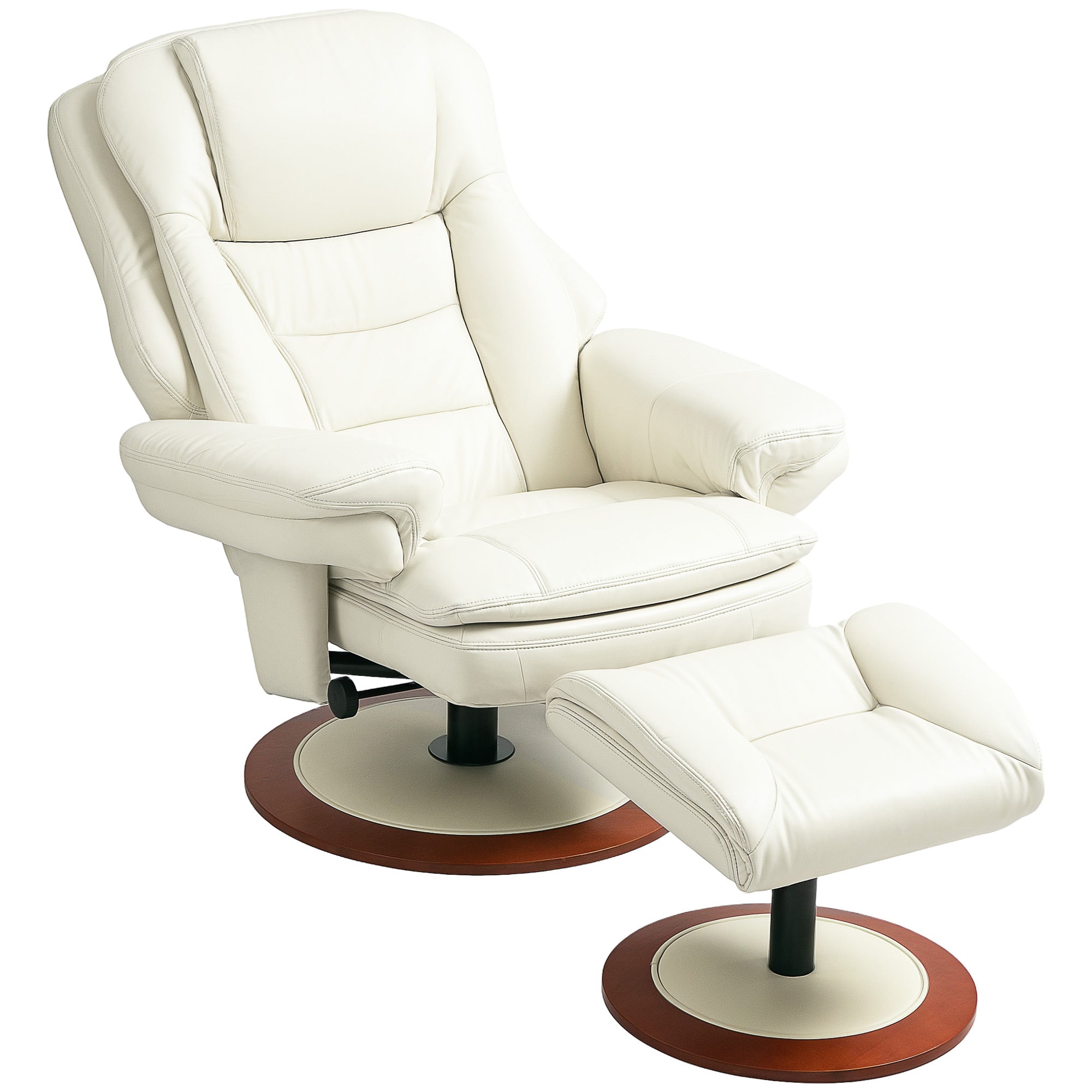 HOMCOM Relaxsessel mit Hocker, Liegefunktion, Drehbarer TV-Sessel mit Holzsockel, bis 150 kg belastbar, Kunstleder, Cremeweiß