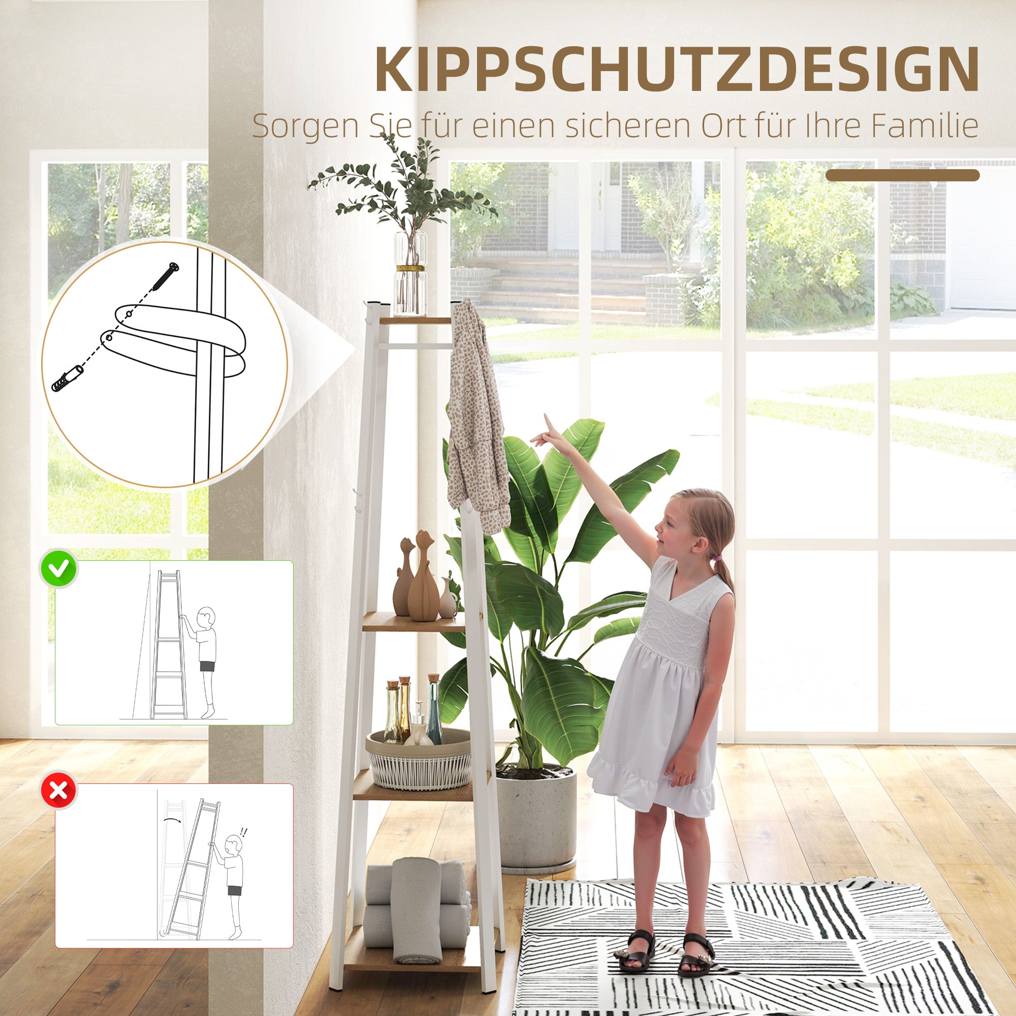 HOMCOM Kleiderständer, Trapez-Design, dreistufig, 8 Doppelhaken, Stahll, Weiß+Eiche