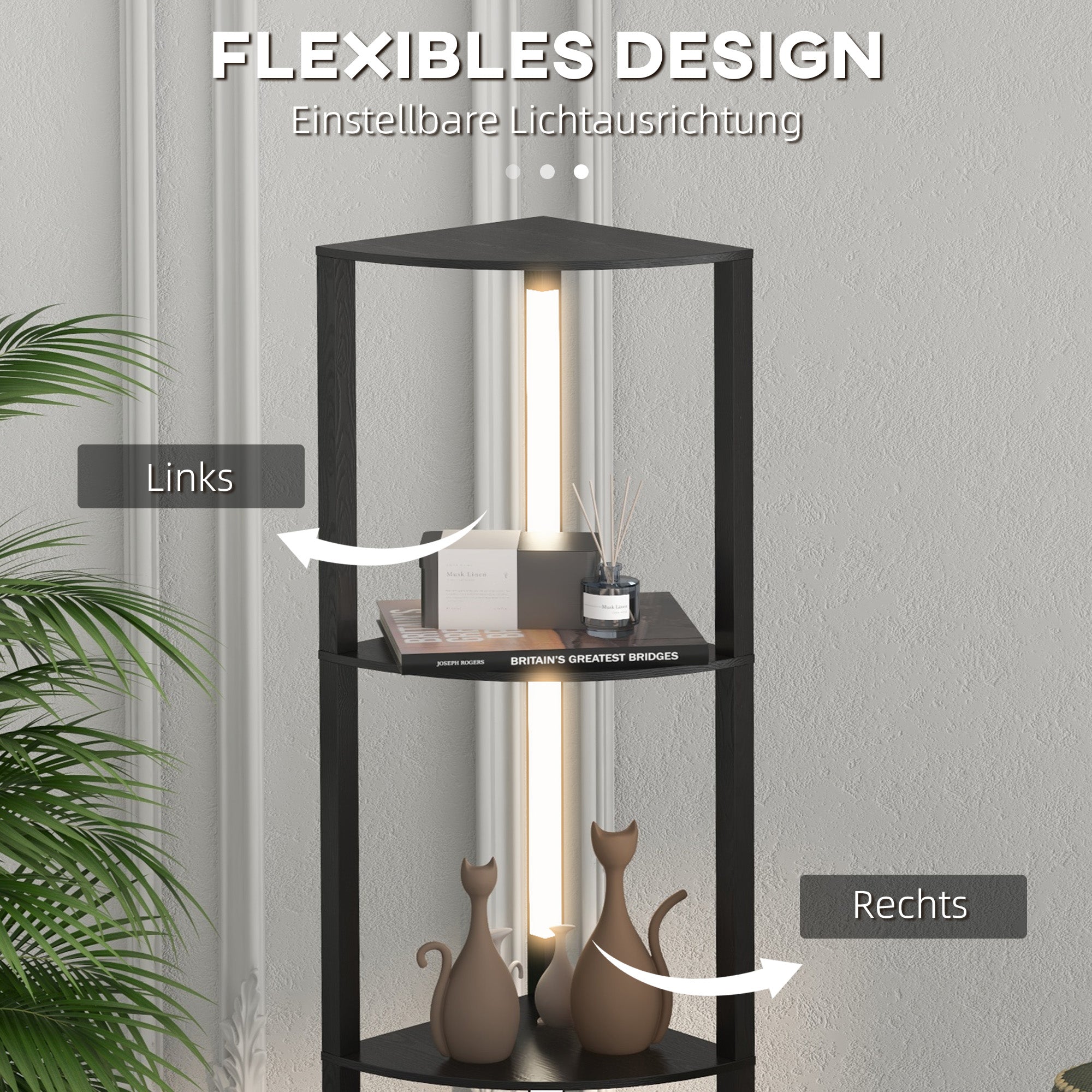 HOMCOM LED Standleuchte, Eckregal, dimmbar, 4 Ablagen, warmweißes Licht, 41x30x164cm, Schwarz