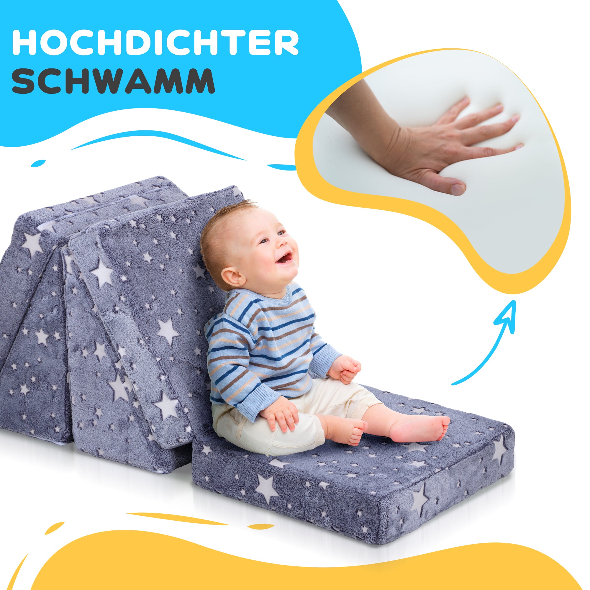 AIYAPLAY Modulares Spielsofa-Set für Kinder, 5-teilig, Treppe, Matratze, Pony- und Sternenmuster, leuchtet im Dunkeln, Grau
