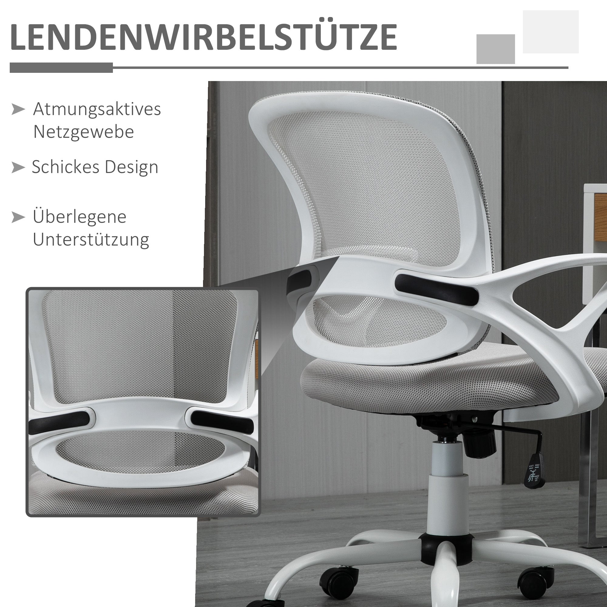 Vinsetto Bürostuhl, Schreibtischstuhl mit Rollen, ergonomisch, höhenverstellbar, Grau