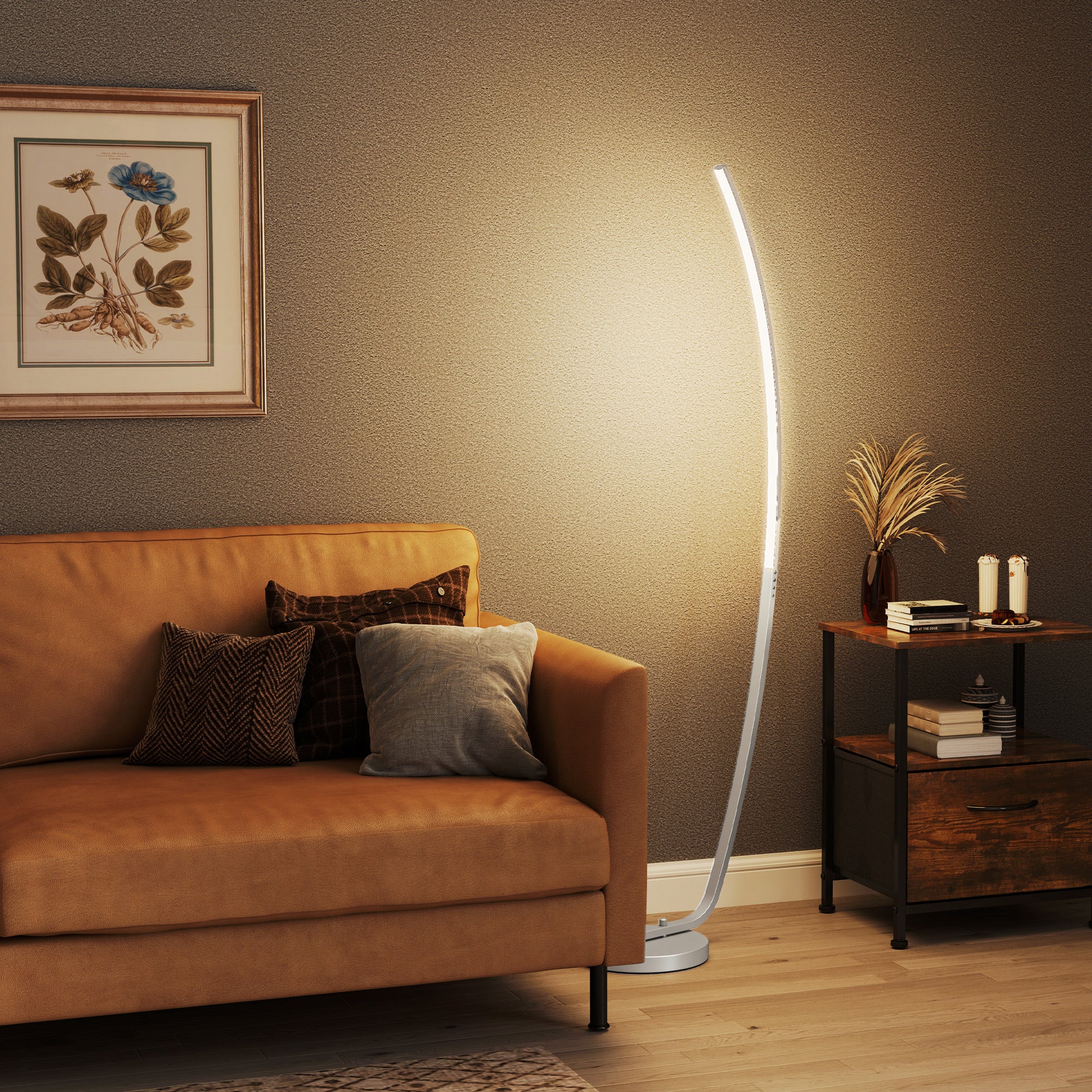 HOMCOM LED-Flurlampe mit anpassbarer Helligkeit, Moderne Stehlampe mit Fußschalter für Schlafzimmer, Wohnzimmer, Silber