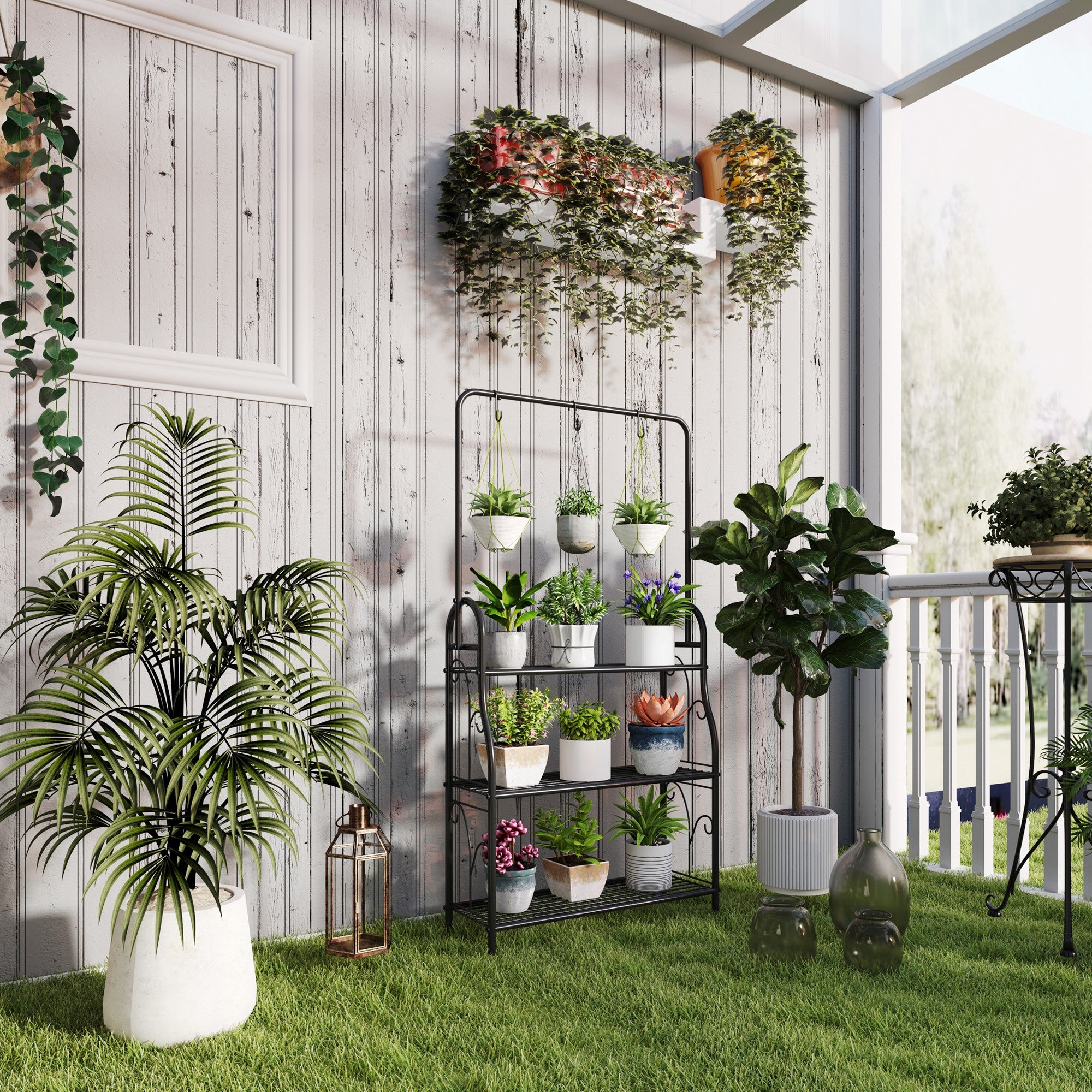 Outsunny Blumenregal, 3-stufiges Pflanzenregal mit Hängehaken, Metallregal für Blumentöpfe, Indoor- und Outdoor-tauglich, Schwarz