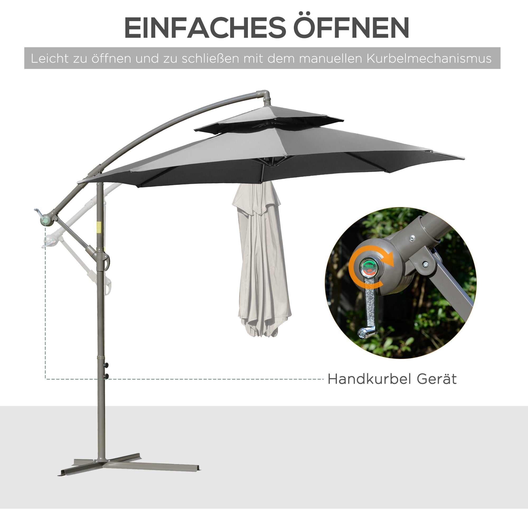 Outsunny Sonnenschirm Ampelschirm Ø2,67 x 2,45 m Kurbelschirm mit Doppeldach Kreuzbasis Stahl Outdoor Sonnenschutz Polyester Stahl Hellgrau