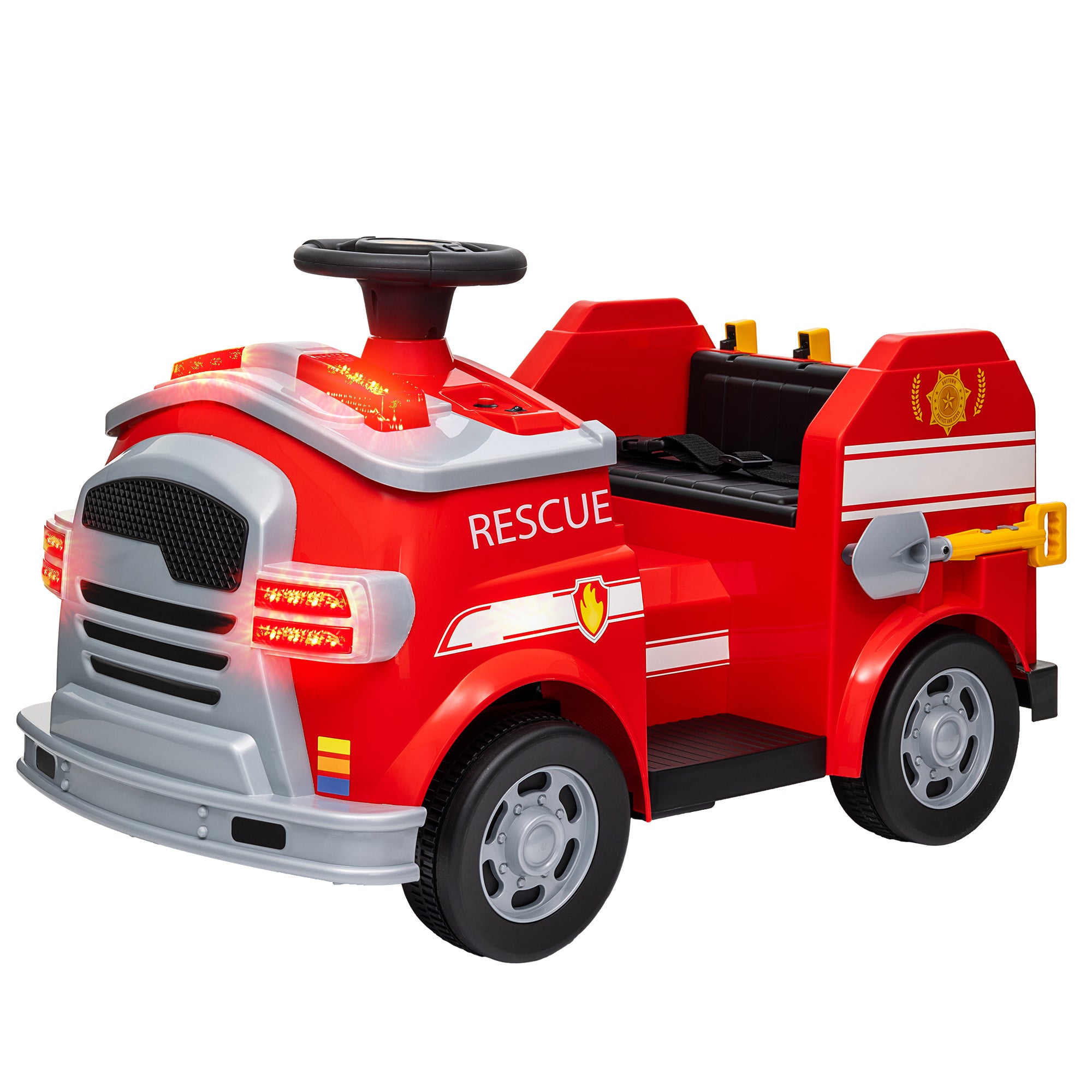 AIYAPLAY Feuerwehrauto, Elektro-Kinderauto, max. 3 km/h, Sirene, Blaulicht, Werkzeuge, für Kinder 3-5 Jahre
