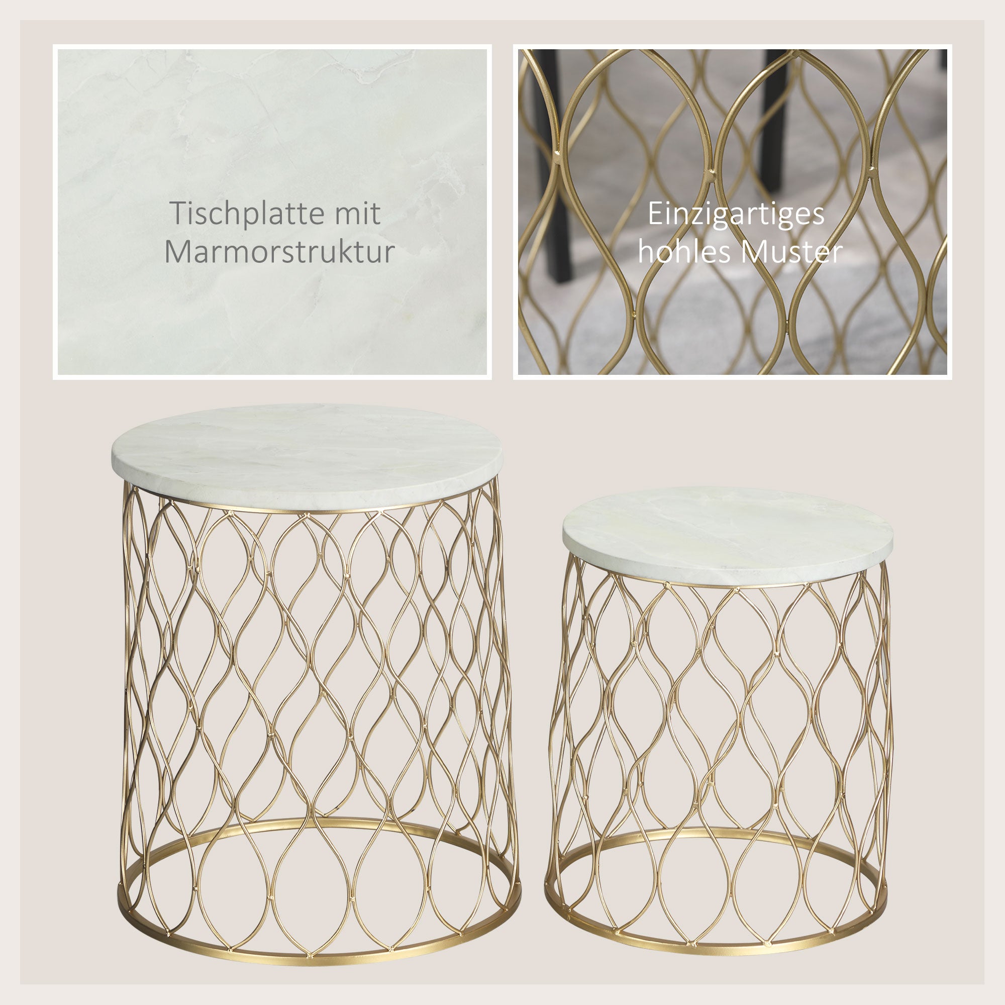 Outsunny 2er-Set Gartentisch Beistelltische Couchtische Retro Drahtkorb Metallkorb Garten Satztisch Gartenmöbel Outdoor Balkon Stahl Gold + Weiß Ø41 x 46 cm