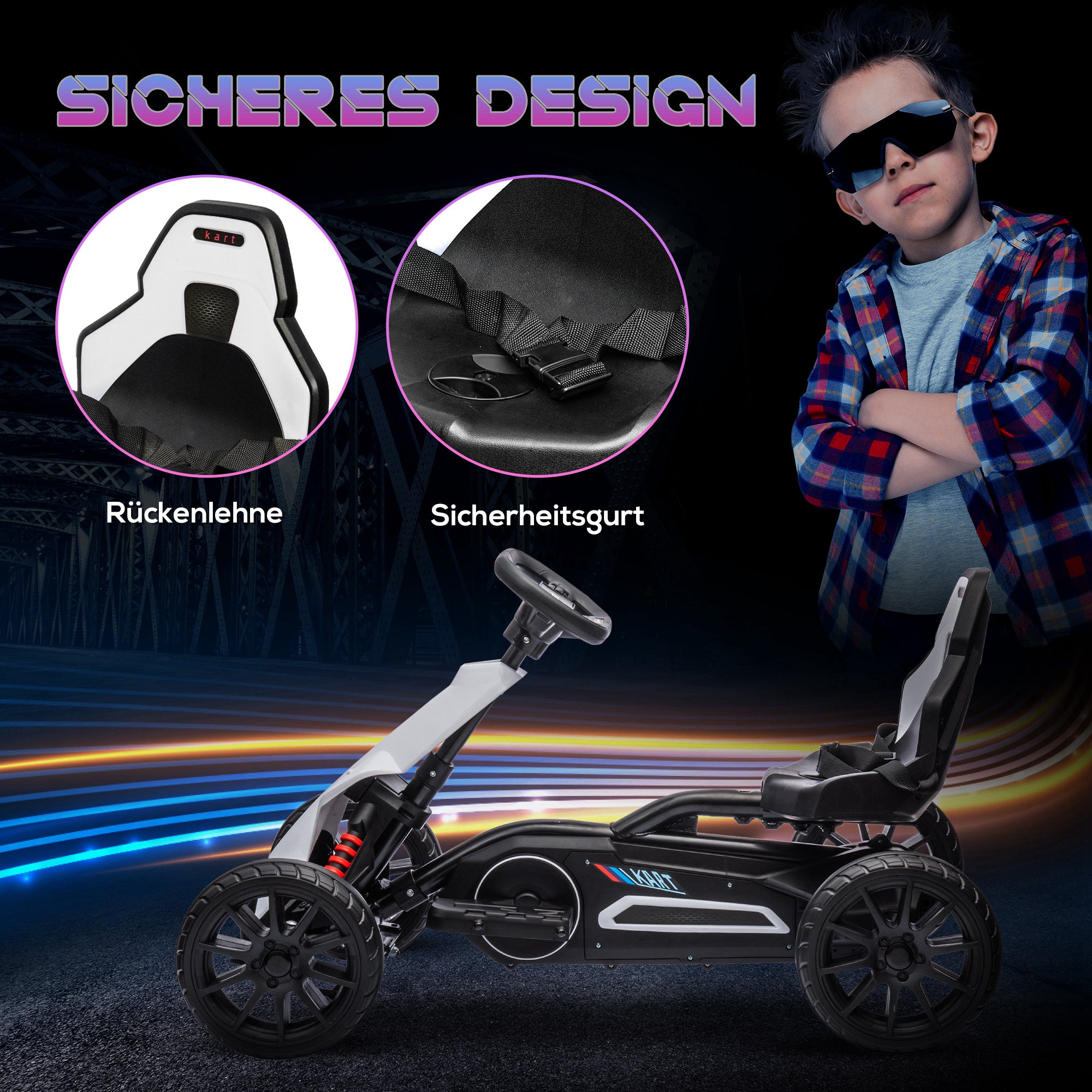 HOMCOM Go-Kart für Kinder, Elektro-Kart, bis 5 km/h, Sicherheitsgurt, Sitz mit Rückenlehne, Kunststoff, Metall, Weiß