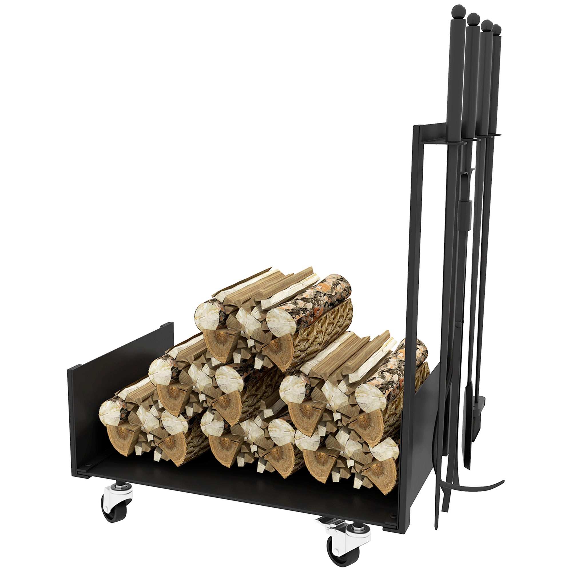 Outsunny Feuerholzgestell mit Rädern, viel Zubehör, Metallrahmen, bis 60 kg, 48 x 30 x 76 cm, Schwarz