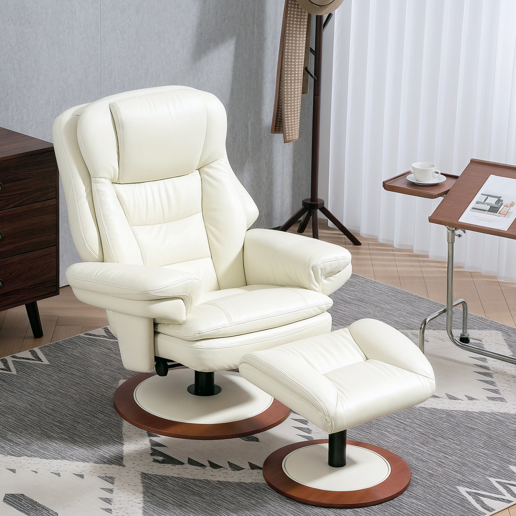 HOMCOM Relaxsessel mit Hocker, Liegefunktion, Drehbarer TV-Sessel mit Holzsockel, bis 150 kg belastbar, Kunstleder, Cremeweiß