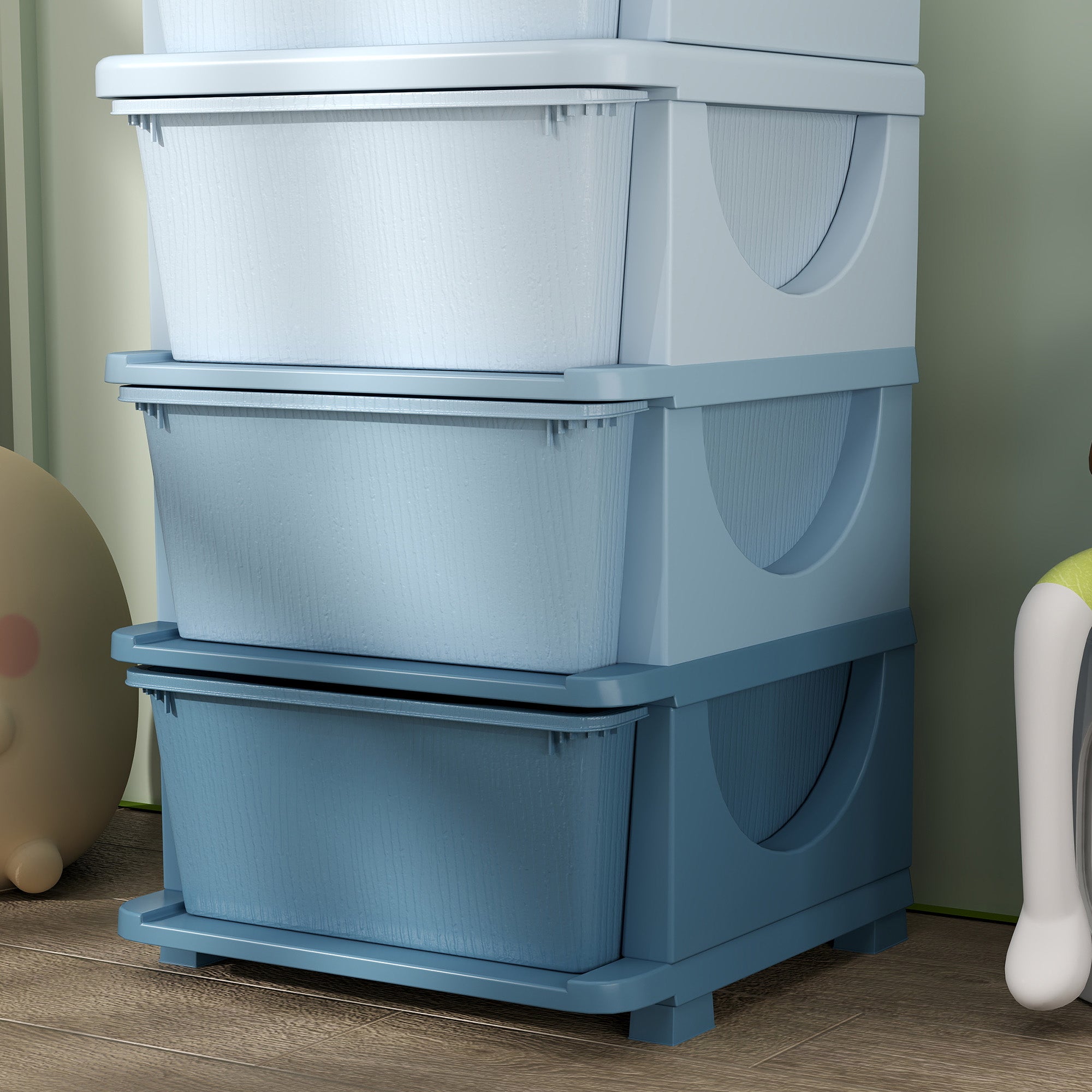 HOMCOM Aufbewahrungsboxen für Kinder, 4 Schubladen, abgerundete Kanten, erhöhtes Design, Kunststoff, Blau