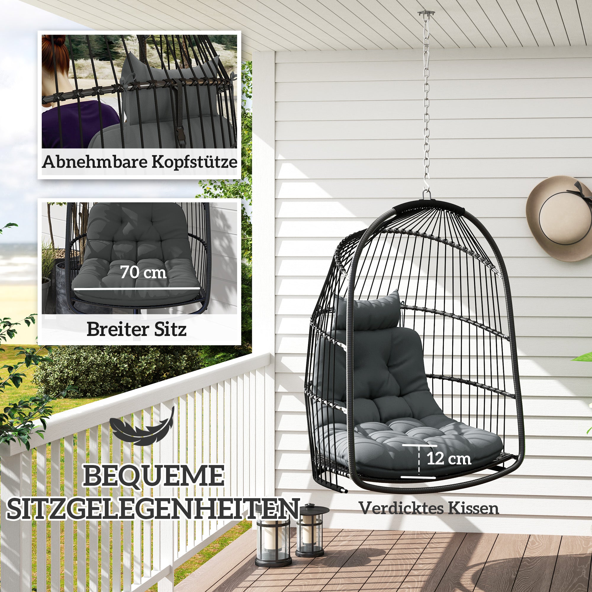 Outsunny Hängesessel Hängekorb mit Kissen Polyrattan Schaukel Outdoor Indoor faltbar belastbar bis 150kg Dunkelgrau