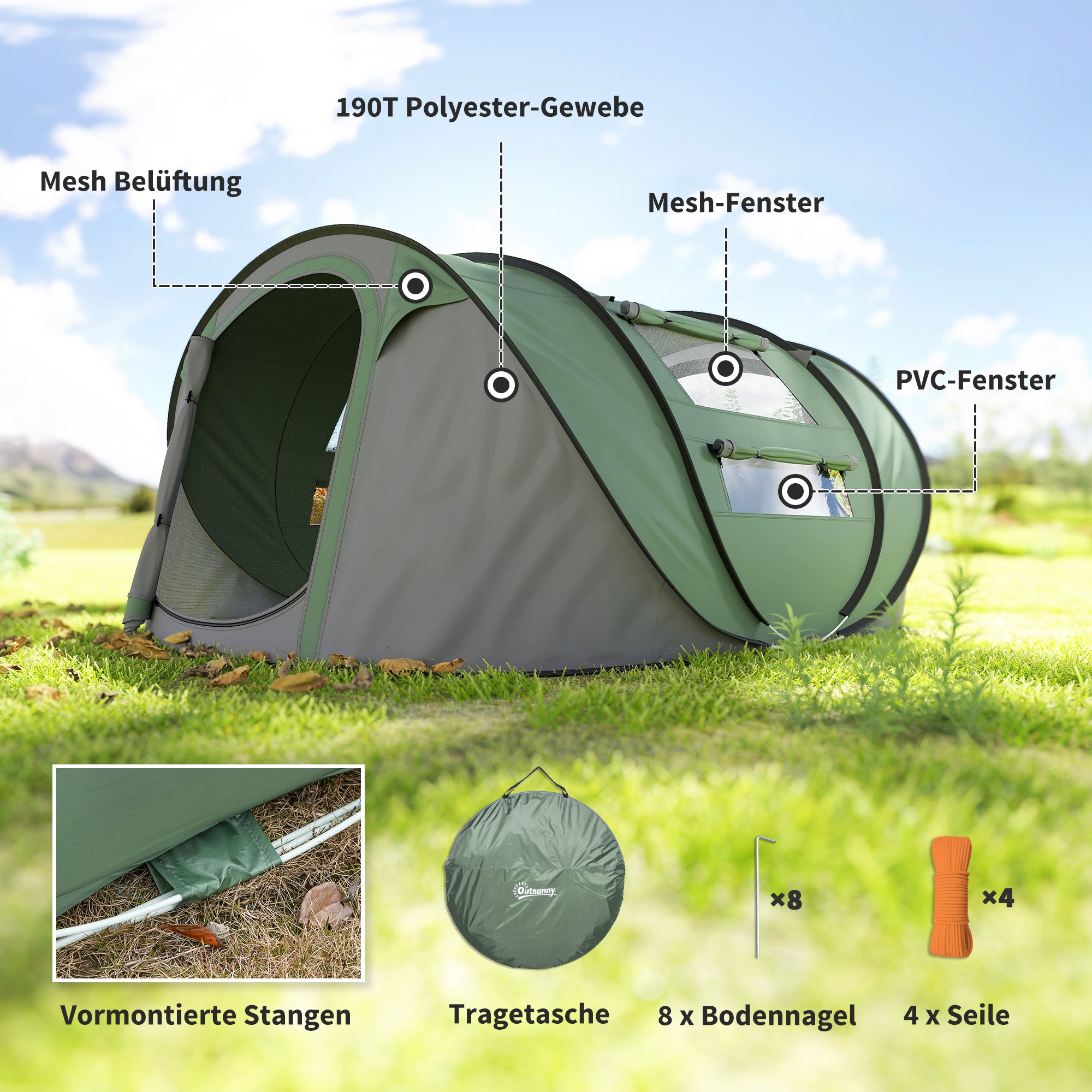 Outsunny Campingzelt für 4-5 Personen Dunkelgrün