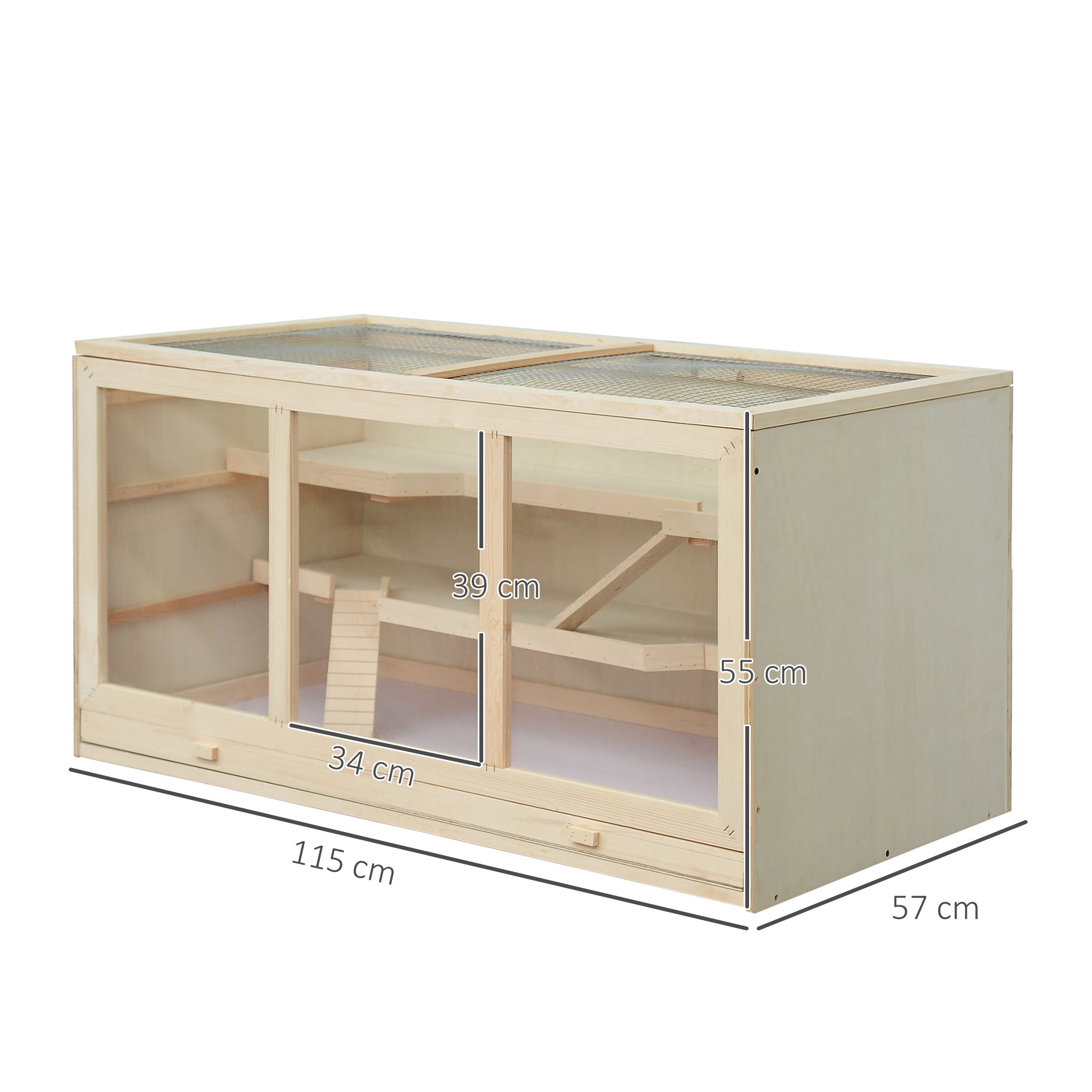 PawHut Hamsterkäfig aus Holz 3 Etagen Nagerkäfig mit reinigbar Ablage Kleintierkäfig mit klappbarem Deckel Treppen Holzkäfig Käfig für Hamster Zwerghamster 115 x 57 x 55 cm Naturholz