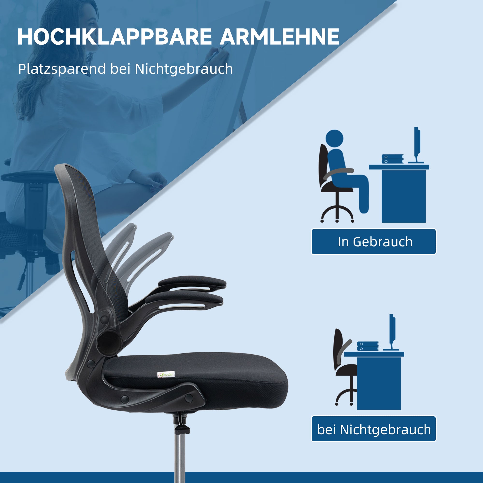 Vinsetto Zeichenstuhl, höhenverstellbarer Bürostuhl, mit Fußstütze, 59 cm x 65 cm x 122 cm, Schwarz
