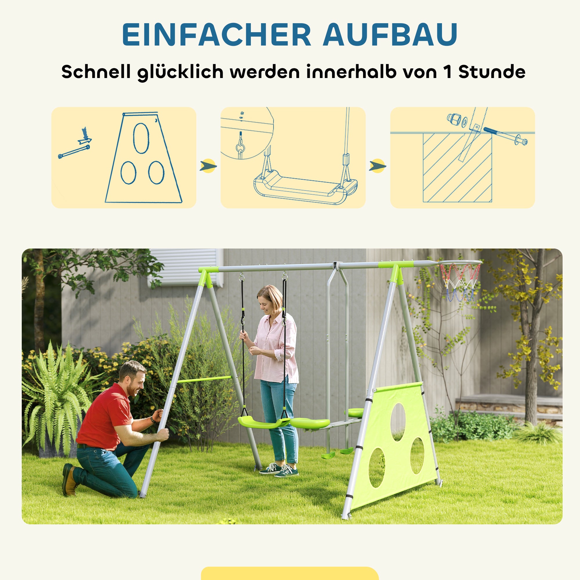 AIYAPLAY Schaukelset für Kinder, 2 Schaukelsitze, 1 Basketballkorb, 1 Fußballtor, Metallrahmen, Grün