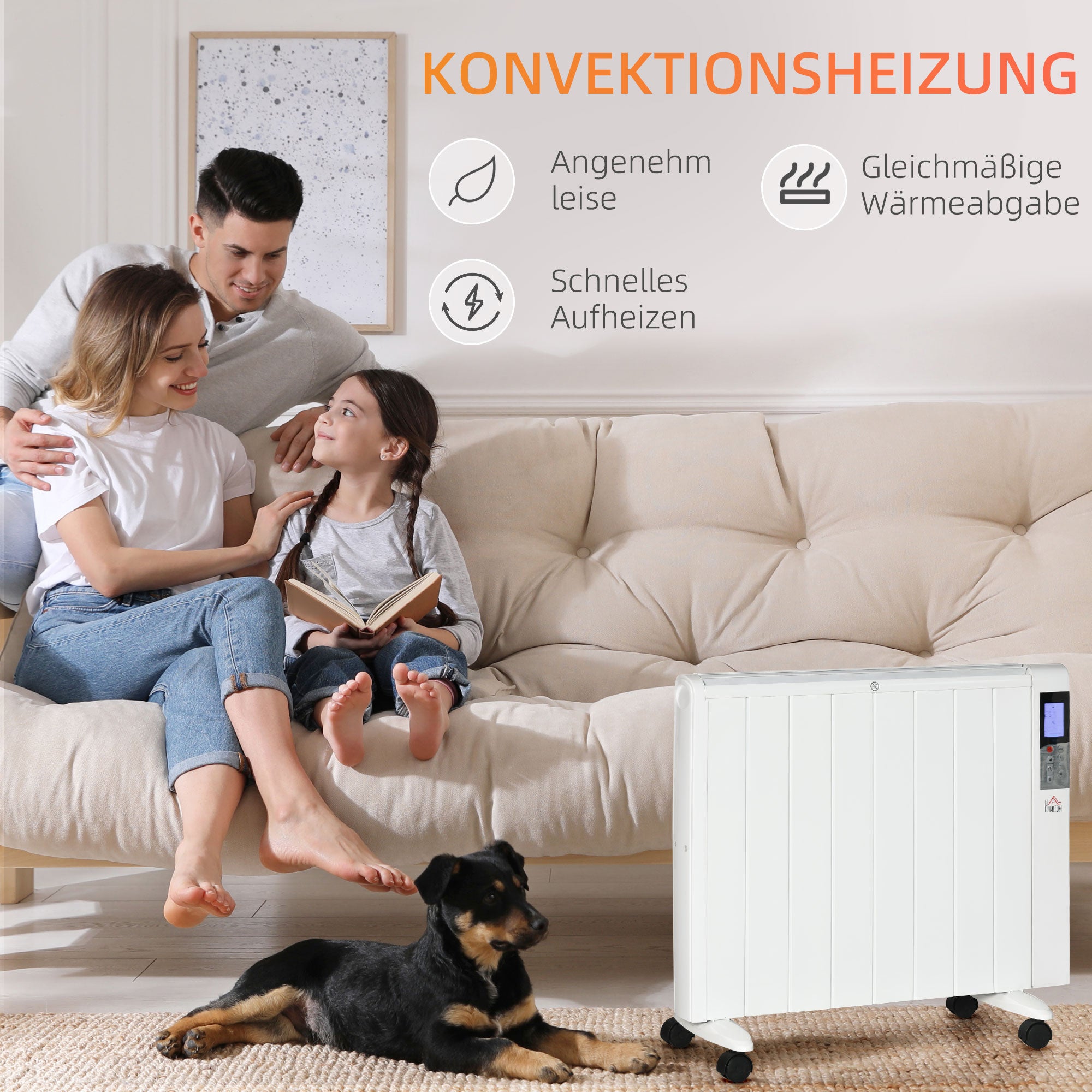 HOMCOM Elektroheizung mit Rollen, 9 vorinstallierte Modi, Wandmontage möglich, 5-35° C, weiß, 75 x 7,5 x 58,5 cm