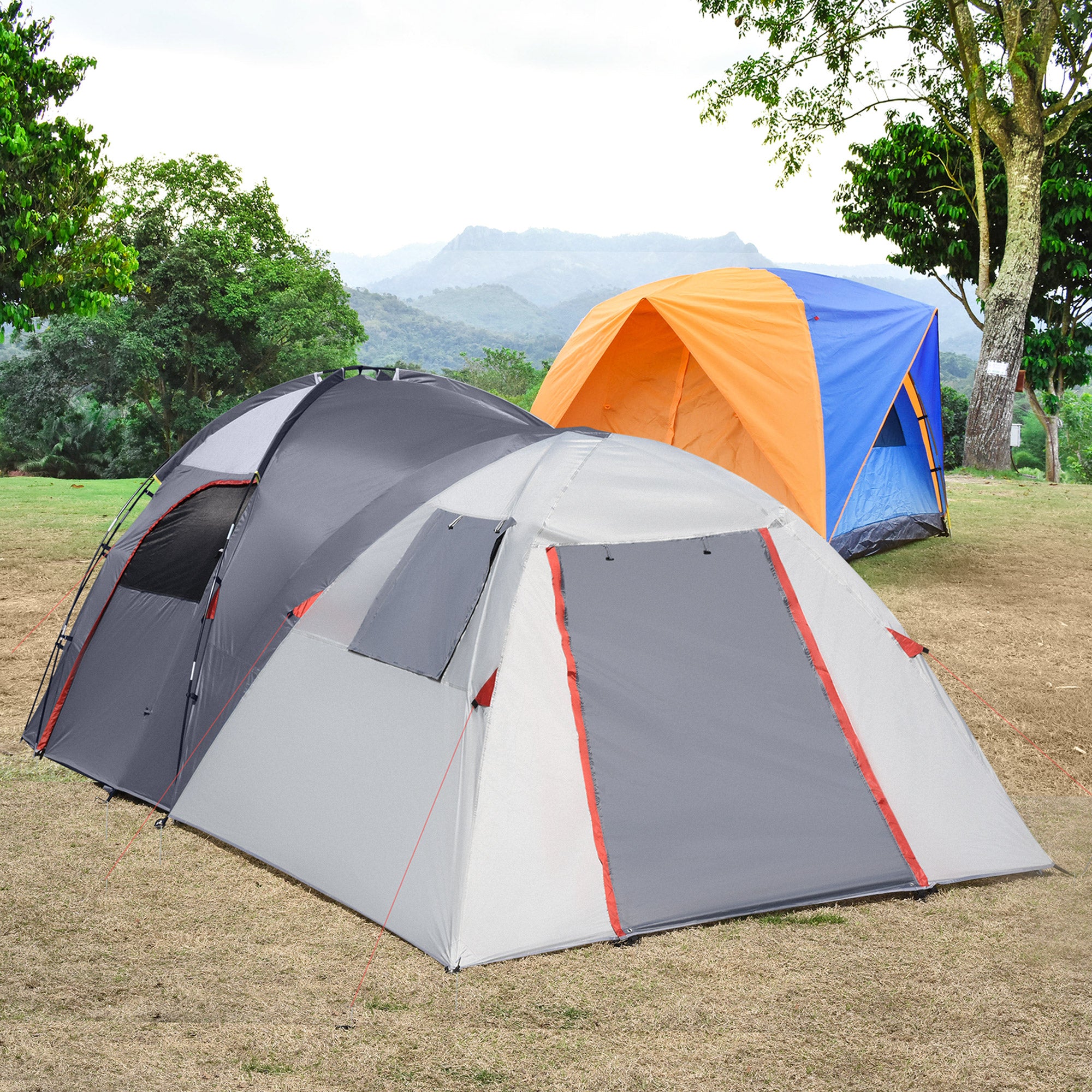 Outsunny Campingzelt für 4-5 Personen, zwei Innenräume, herausnehmbare Bodenmatte, grau, 4,90 x 2,50 x 1,85 m