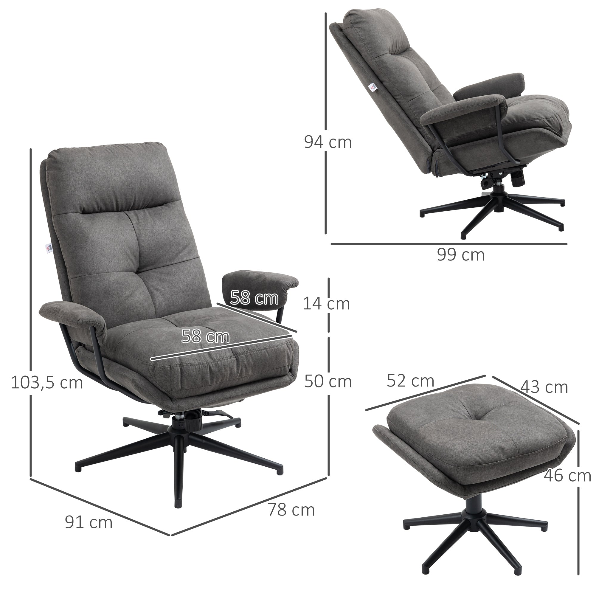 HOMCOM Relaxsessel mit Ottomane, Sessel mit Fußhocker, verstellbare Rückenlehne; Mikrofaser, Dunkelgrau