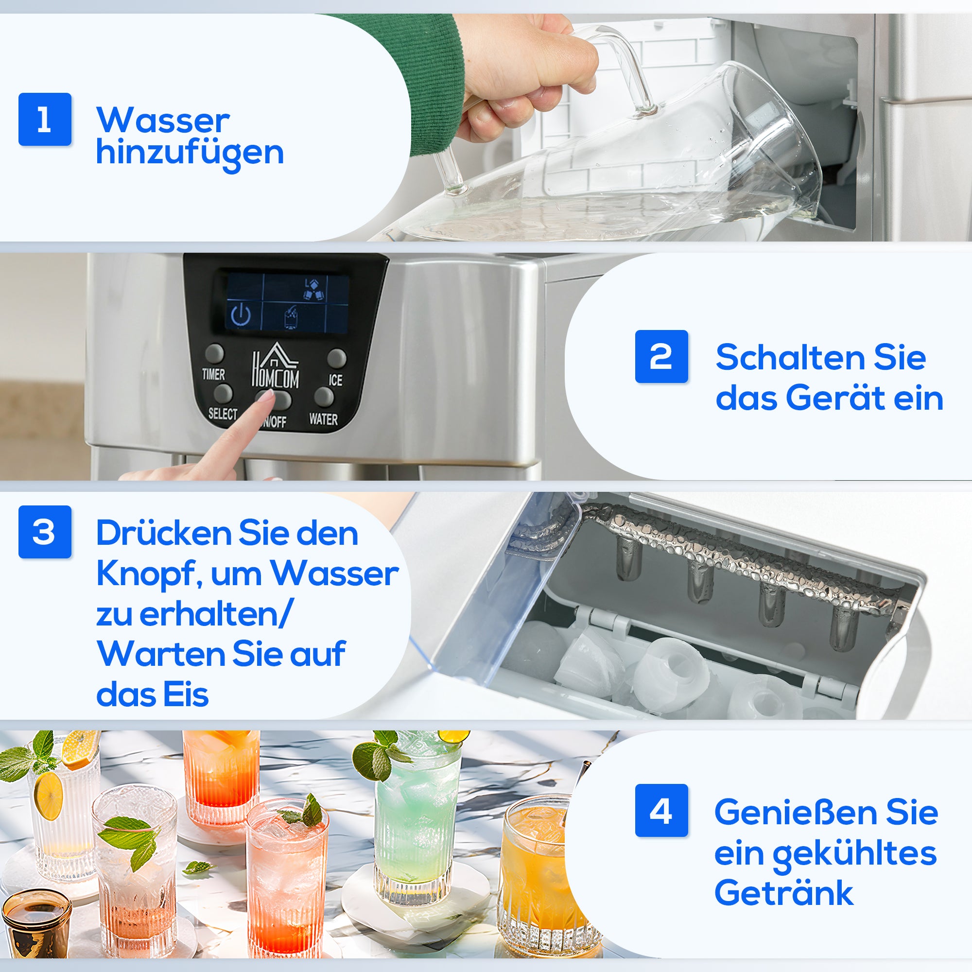 HOMCOM Eiswürfelmaschine Eiswürfelbereiter Ice-Maker, Timer-Funktion, 1,2 L Wassertank,  Silber