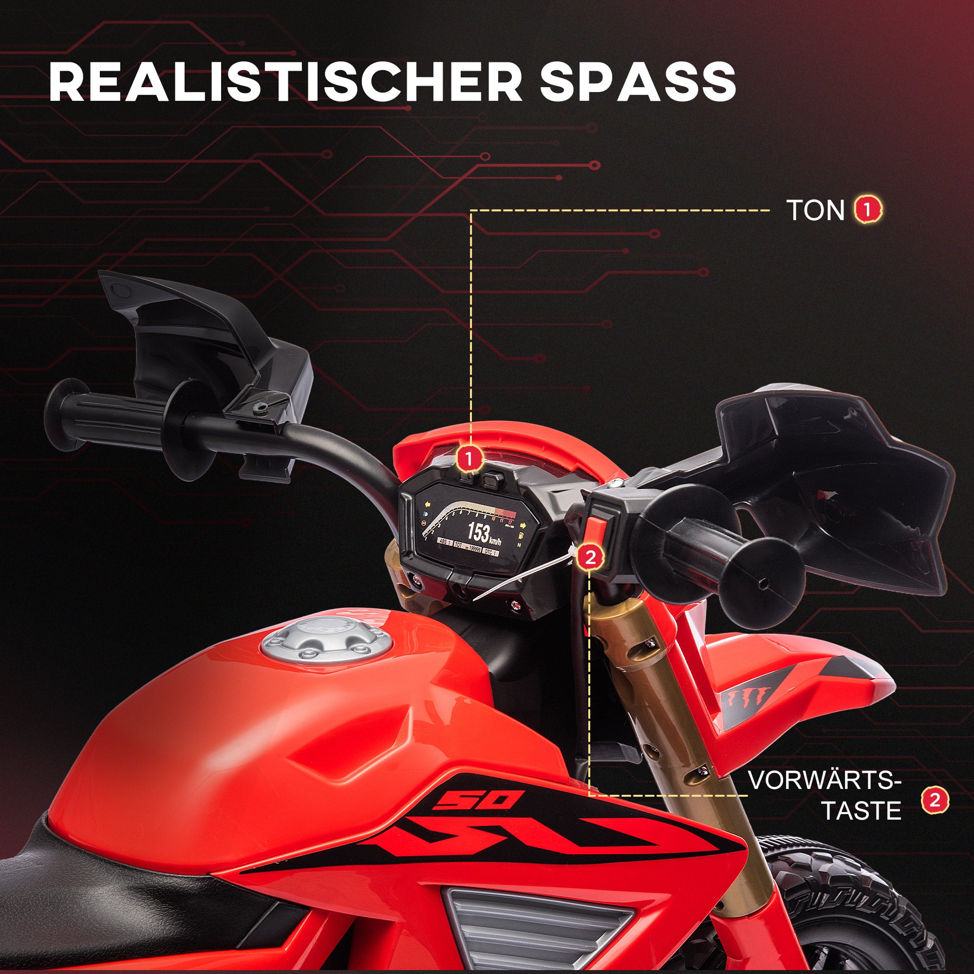 AIYAPLAY Elektro-Motorrad für Kinder, 6V Batterie-Antrieb, Stützräder, Hupe, Startgeräusch, 3-8 Jahre, Rot