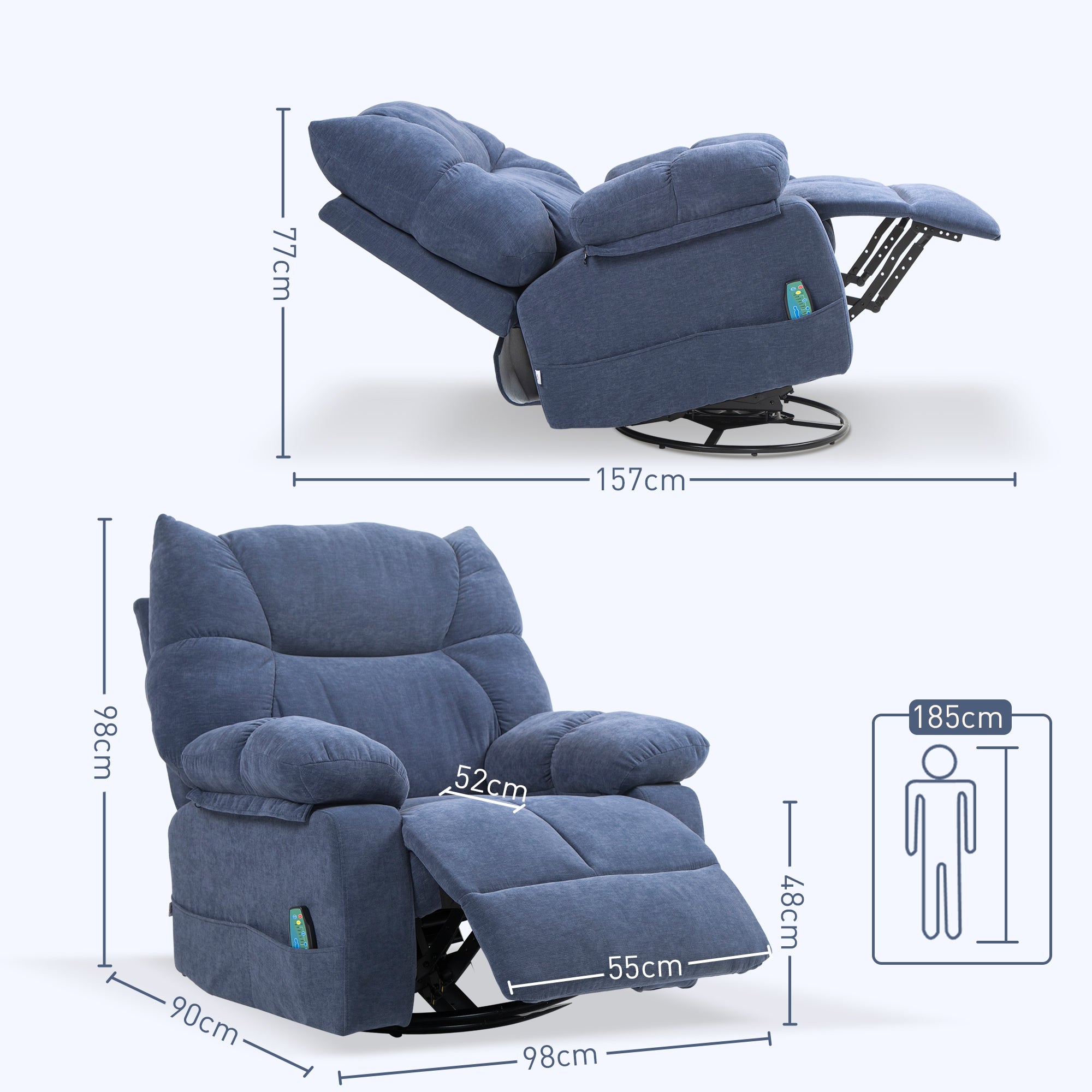 HOMCOM Massagesessel mit Wärme- & Liegefunktion, drehbar, bis 150 kg, Metallgestell, 98x90x98cm, Blau