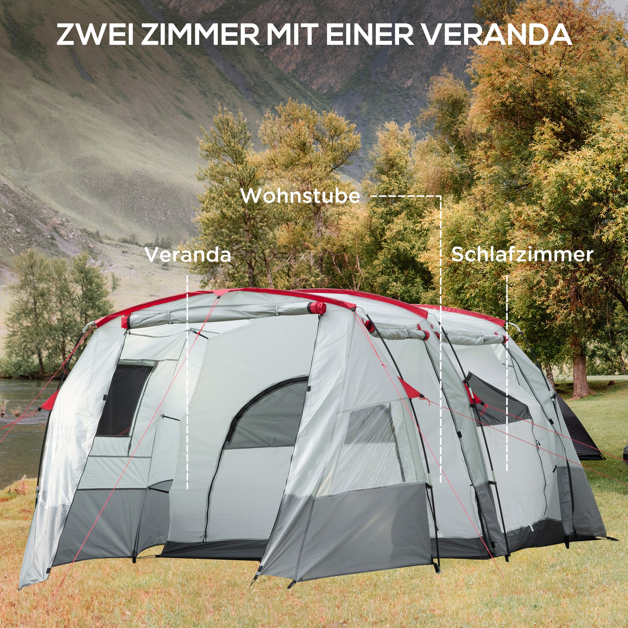 Outsunny Campingzelt, für 6-8 Personen, zwei Räume, Lampenhaken, mit Tragetasche, grau, 5,10x2,40x1,80m