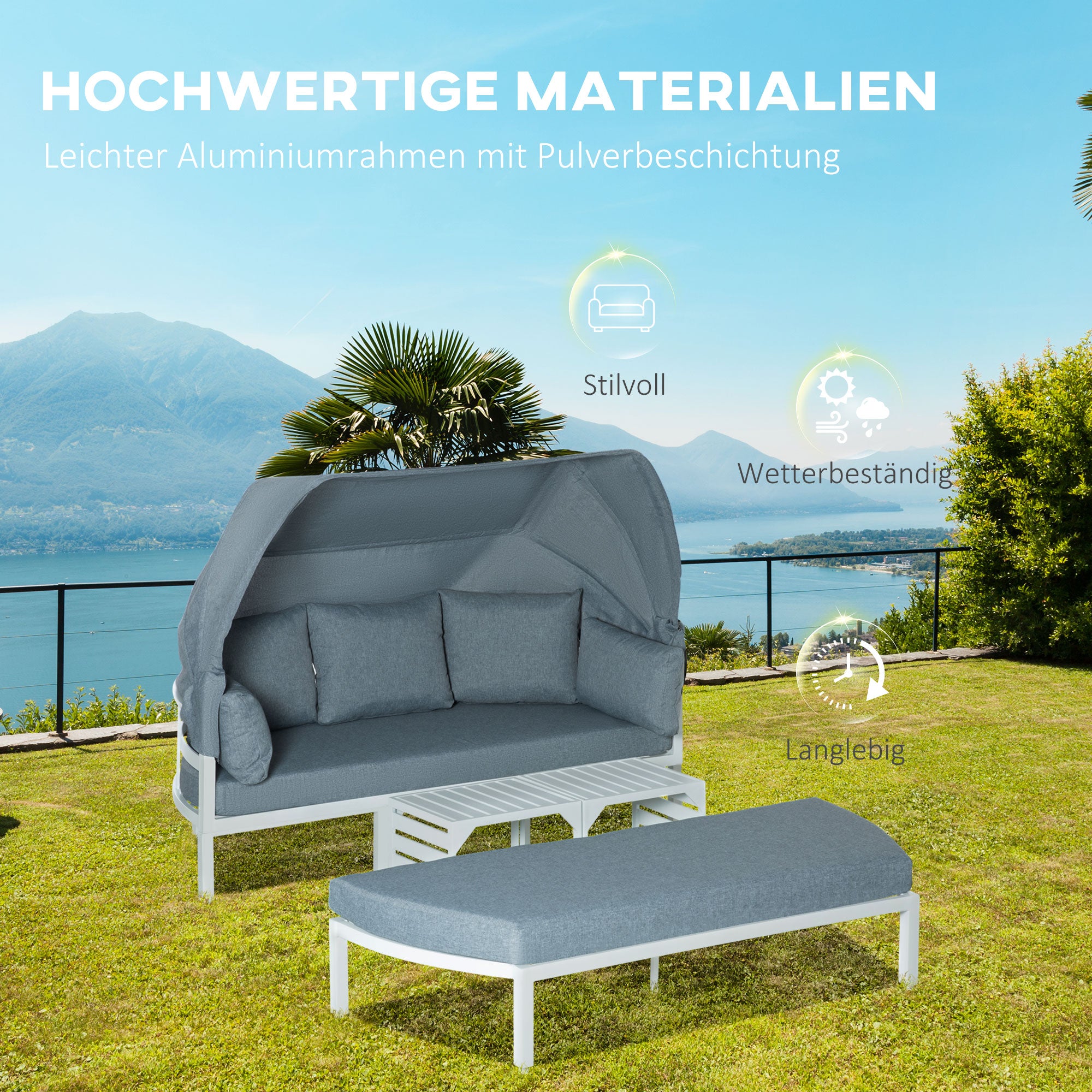 Outsunny Gartenmöbel-Set für 5 Personen, Sonneninsel, Gartensofa mit Baldachin, inkl. Kissen, Weiß + Grau