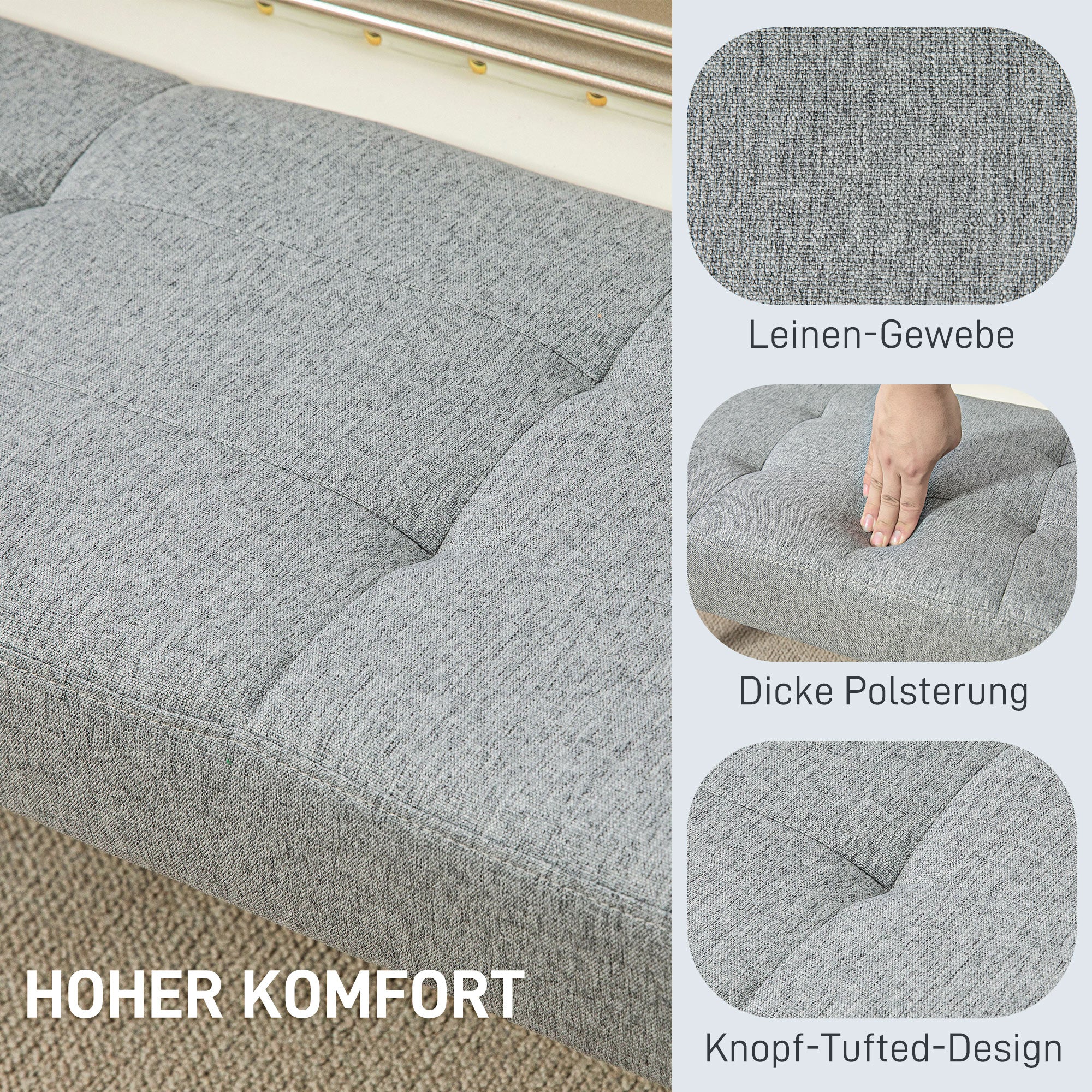 HOMCOM Polsterbank, Leinenoptik, Massivholzbeine, bis 120 kg, 120x41x43 cm, Grau
