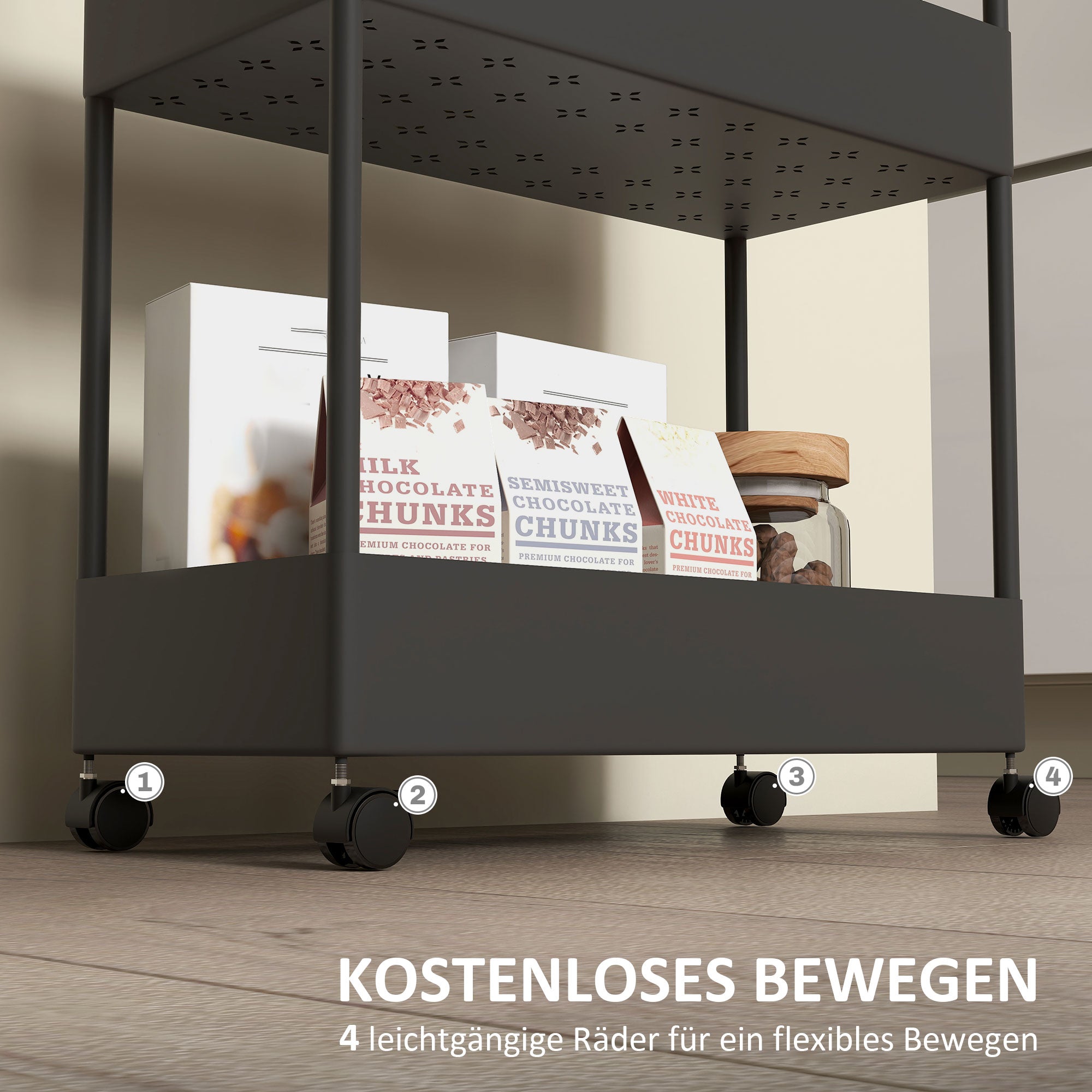 HOMCOM Küchenwagen mit 4 Regalen, 4 flexiblen Haken, 4 Rollen, 40 cm x 19 cm x 90 cm, Nischenwagen, Schwarz