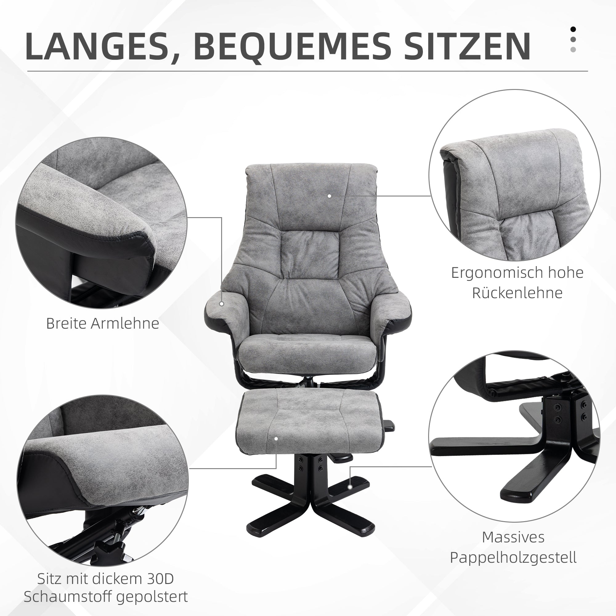 HOMCOM Relaxsessel mit Hocker, 360° drehbar, 135° neigbar, atmungsaktiver Bezug, 78 x 82,5 x 109 cm, grau