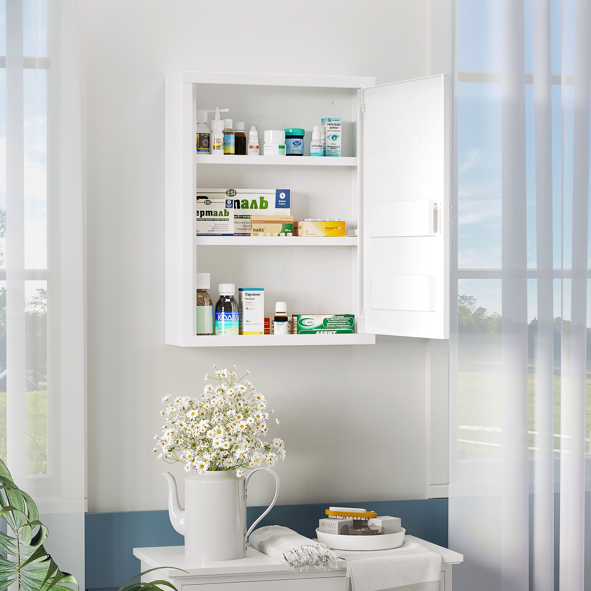 kleankin Medizinschrank, 3 Fächer, abschließbar, mit Rezeptfach, stabiles Stahlgehäuse, weiß, 40 x 15 x 53,5 cm