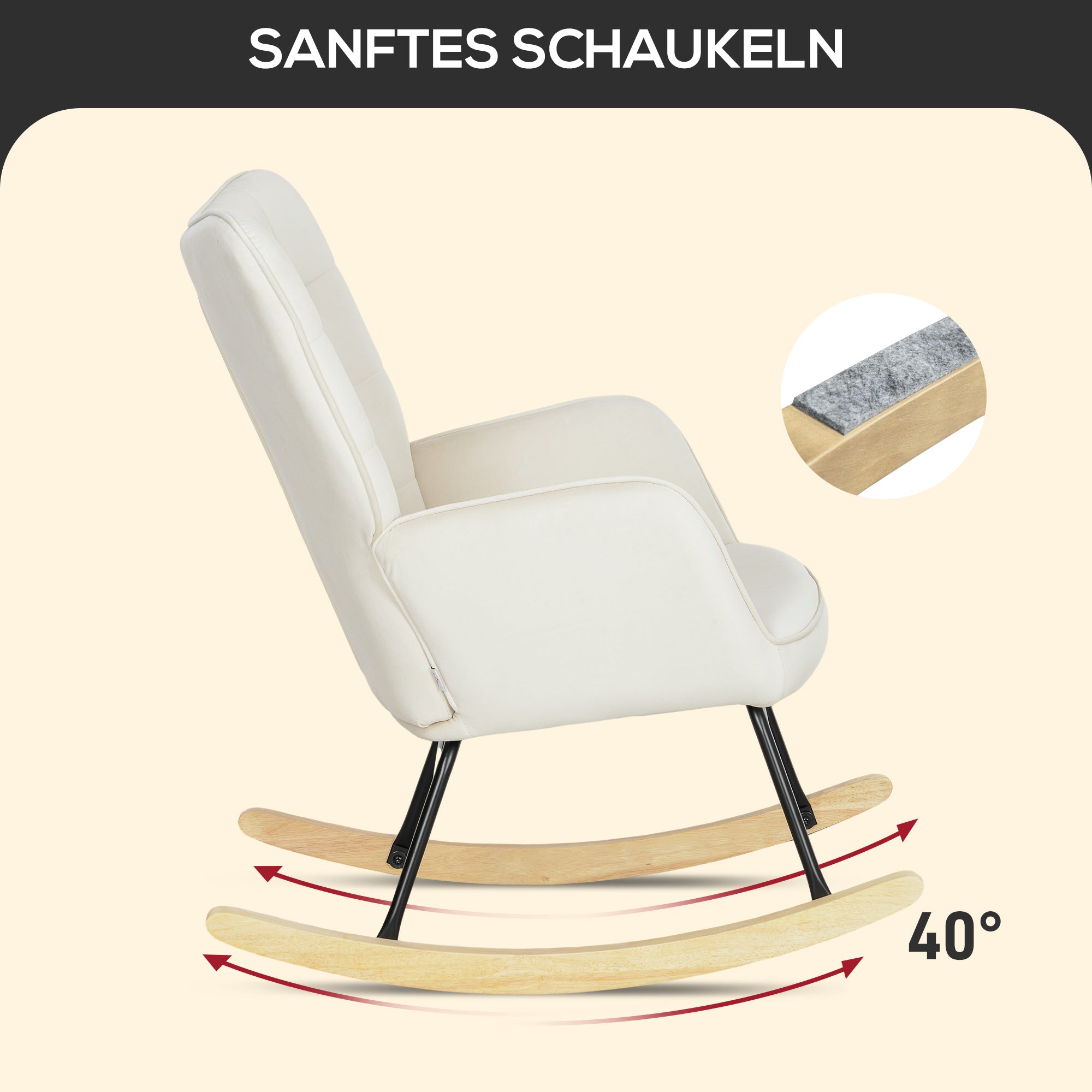 HOMCOM Schaukelstuhl, dicke Polsterung, breite Rückenlehne, Buchenholz/Stahlrahmen, bis 120 kg, Beige