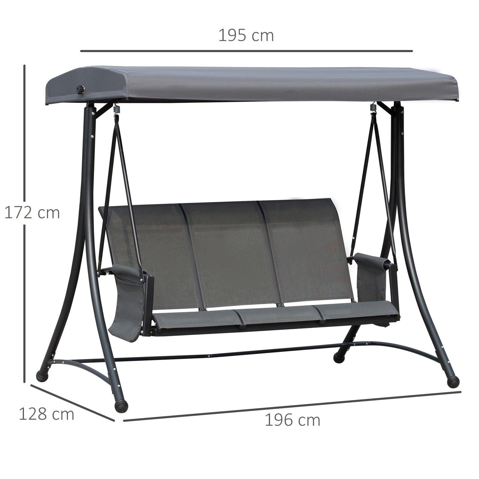 Outsunny Hollywoodschaukel mit Seitentasche, 3-Sitzer Gartenschaukel mit verstellbarem Sonnendach, Schaukelbank belast bis 300kg, für Garten, Terrasse, 196 x 128 x 172 cm, Dunkelgrau