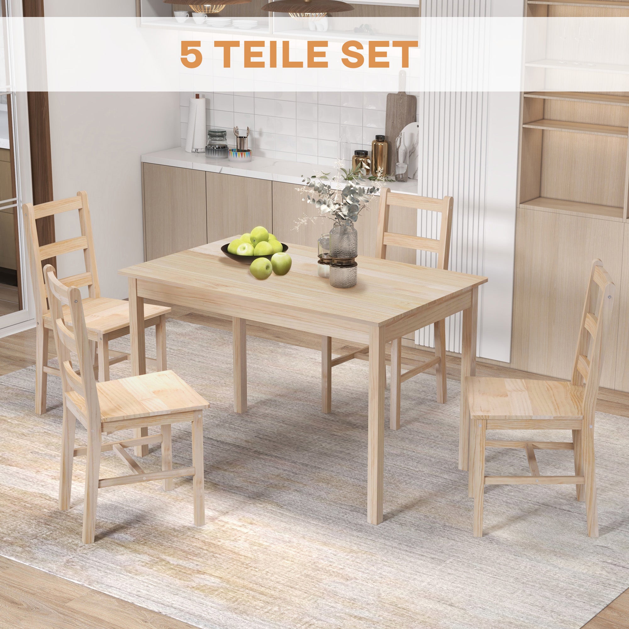 HOMCOM 5-teilige Essgruppe Esstisch mit Stühlen Sitzgruppe, Massivholz, 118 cm x 73 cm x 75 cm, Natur