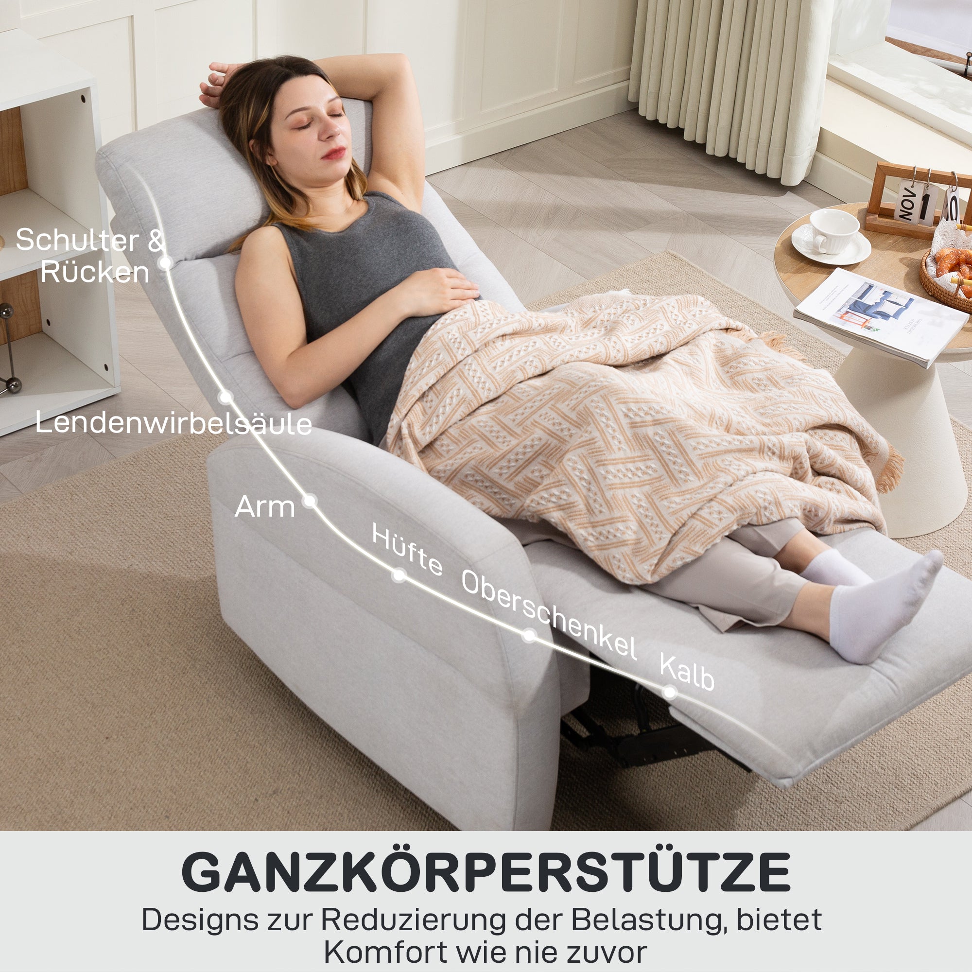 HOMCOM Verstellbarer Relaxsessel mit Fußstütze, Moderner Polstersessel, Hellgrau