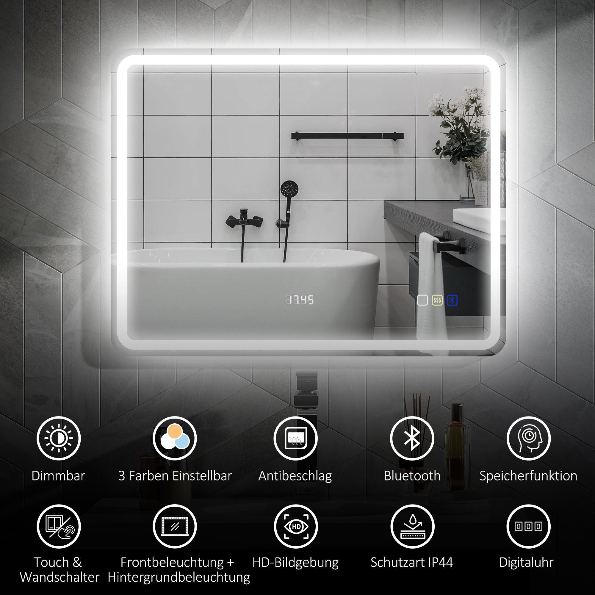 HOMCOM Badezimmerspiegel mit LED-Beleuchtung, Anti-Beschlags-Pad, 3 verstellbare Farben, Uhr, 700 x 900 mm, Silberfarben