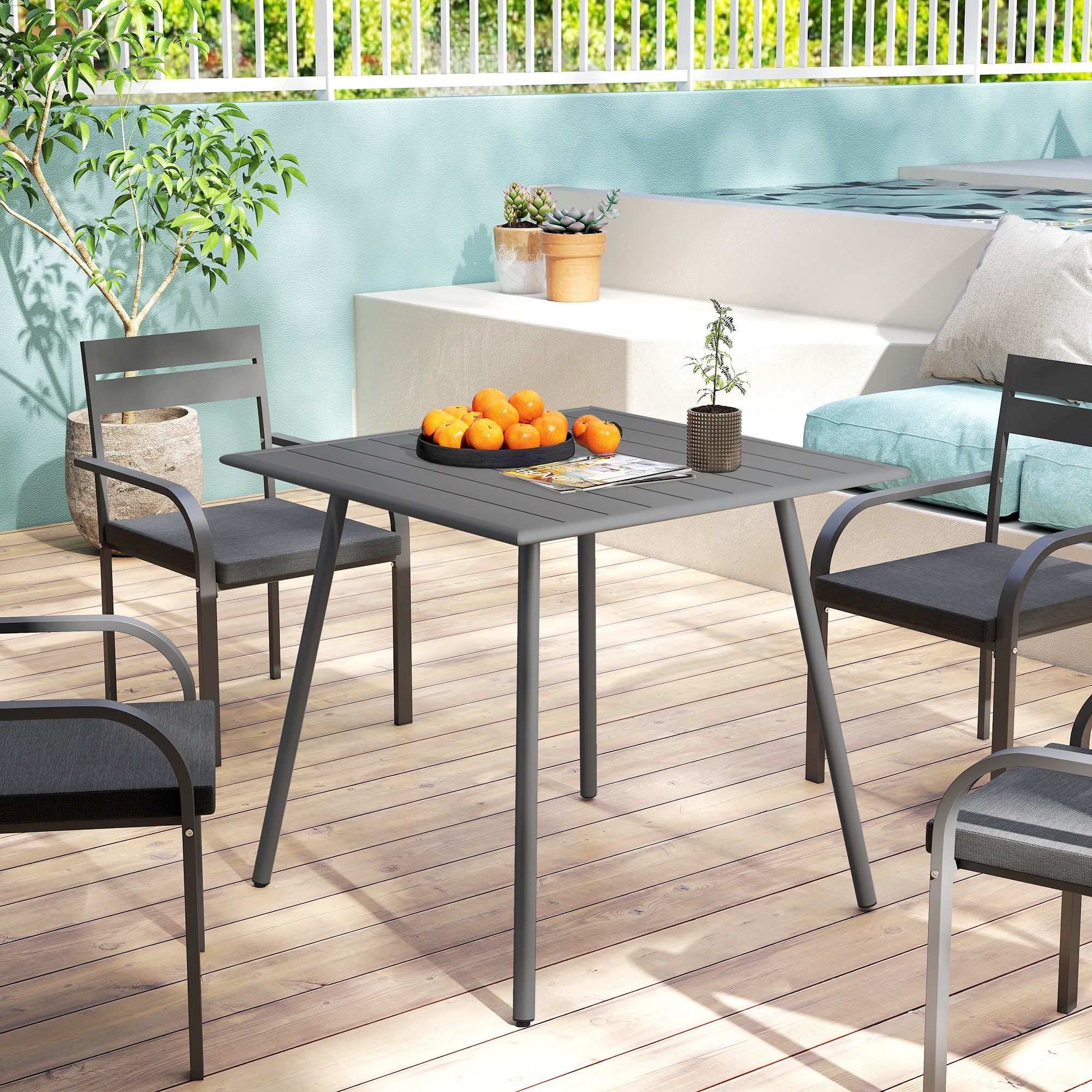 Outsunny Gartentisch, Outdoor-Esstisch für 4 Personen, Stahlrahmen, leicht zu reinigen, rostbeständig, 80 x 80 x 74 cm, Grau
