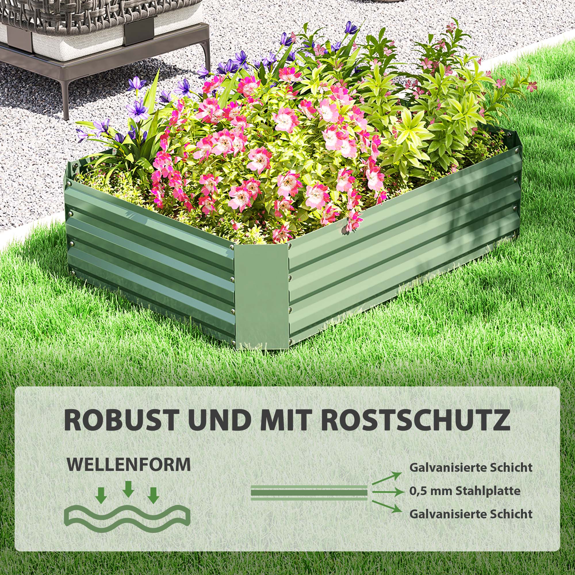 Outsunny Hochbeet aus verzinktem Stahl, Gartenbeet, Pflanzkasten für Garten, Blumenkasten, 120 x 90 x 30 cm, Dunkelgrün