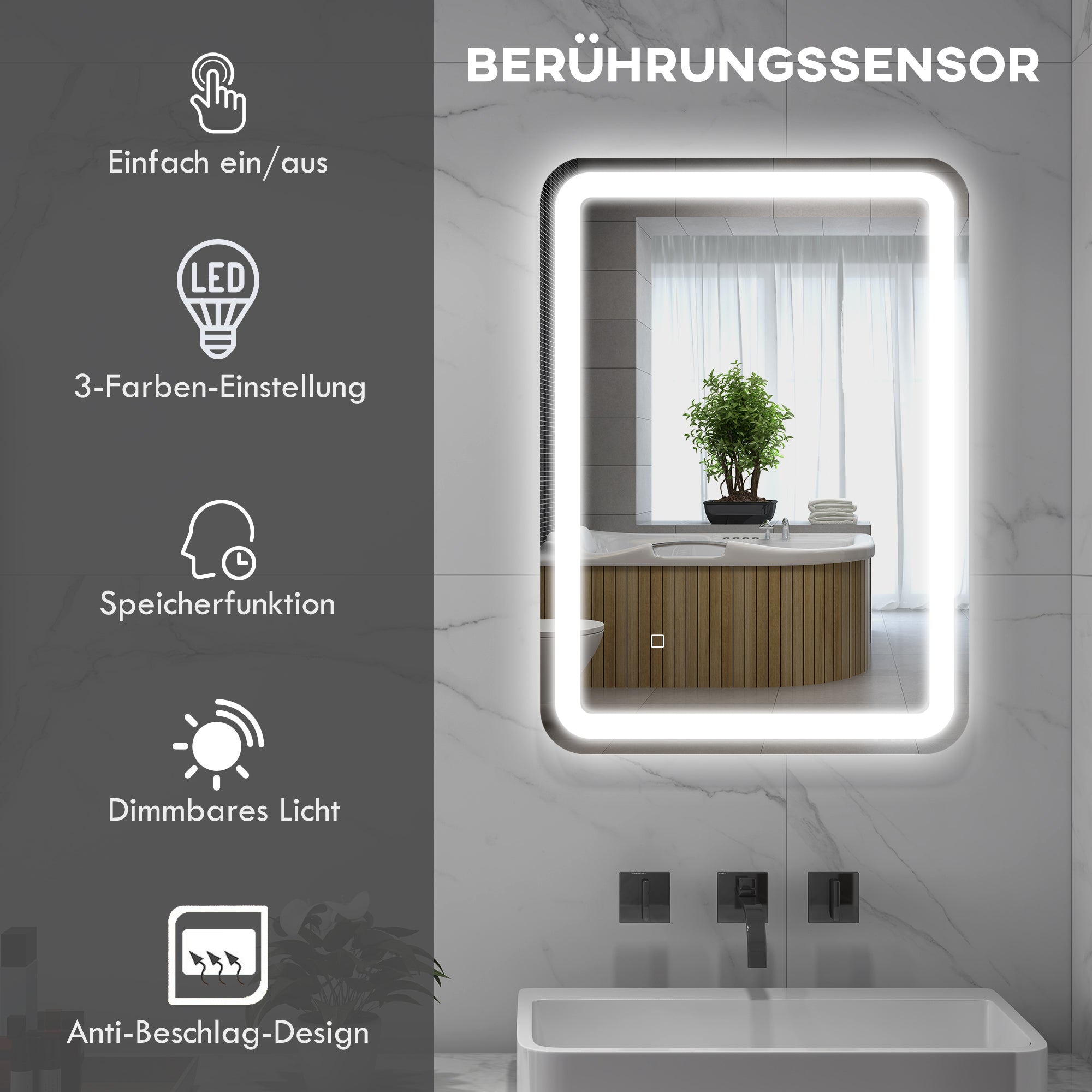 HOMCOM Badezimmerspiegel, beleuchtet, Touch-Steuerung, beschlagfrei, dimmbar, 3 Lichtfarben, 50x70, Silber