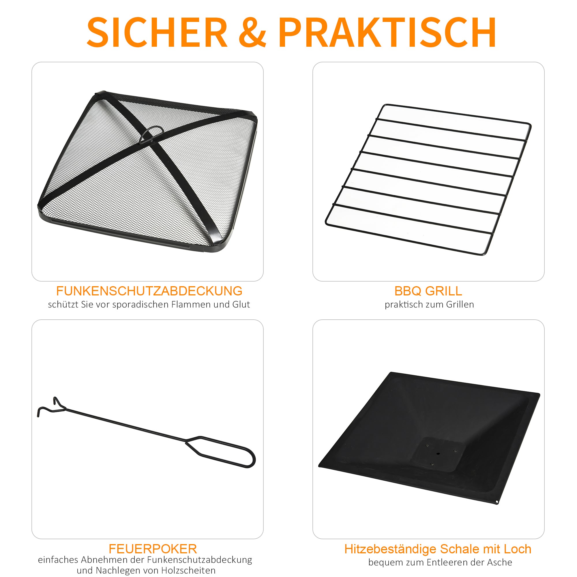 Outsunny 3-in-1 Feuerschale Feuerkorb Feuerstelle mit Funkenschutz Grillrost Eiskübel Garten BBQ Schwarz 76cm x 76cm x 47cm