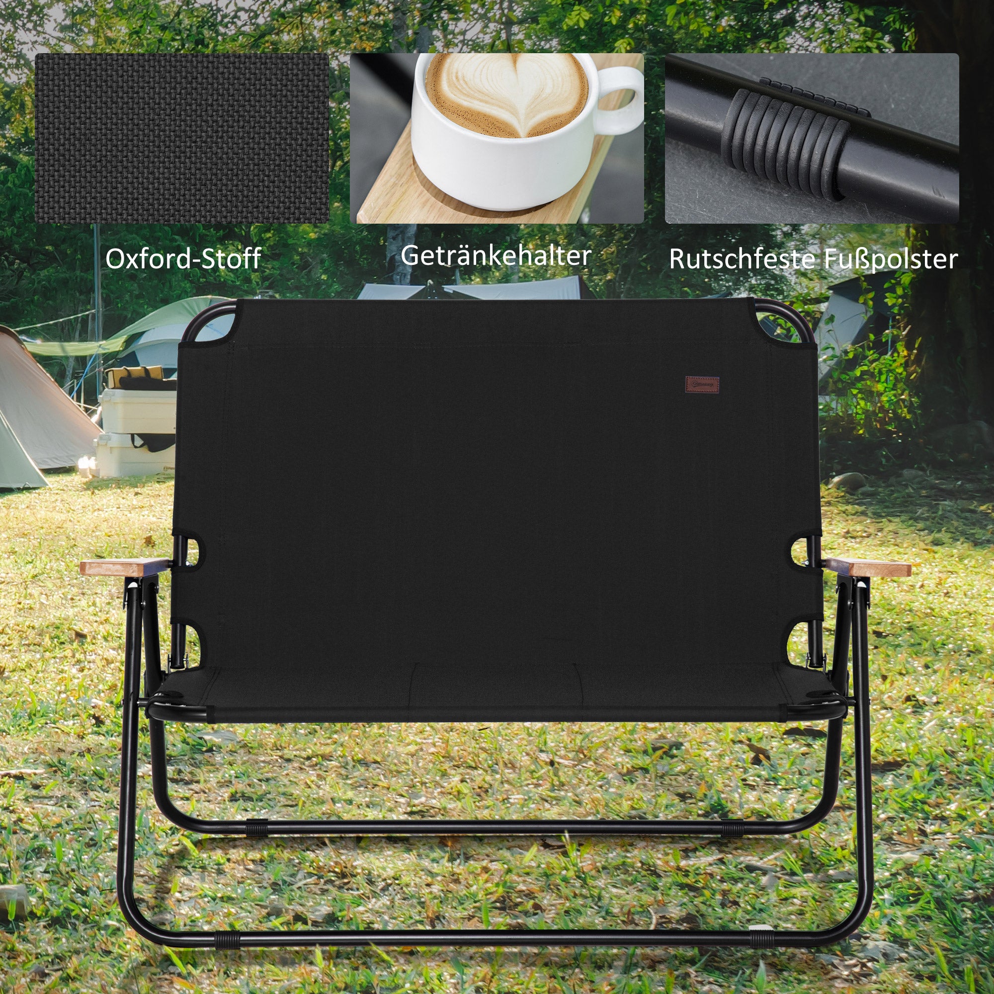Outsunny 2-Sitzer Campingstuhl, klappbar, mit Getränkehalter, 141 x 67 x 80 cm, Schwarz