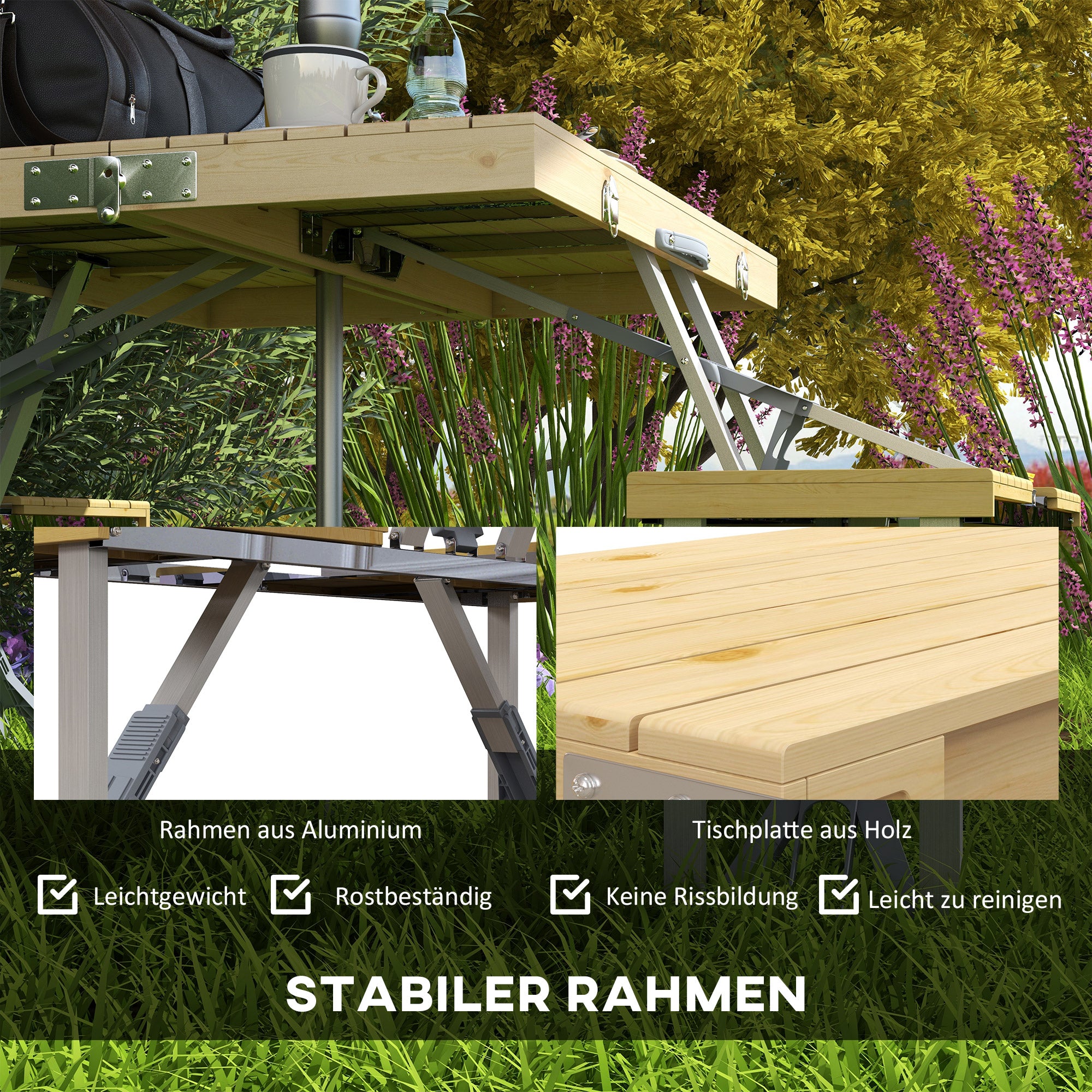 Outsunny Campingtisch, faltbar, 4 Sitzplätze, Schirmloch, Holztischplatte, Aluminiumrahmen, 85,5x72,5x67cm