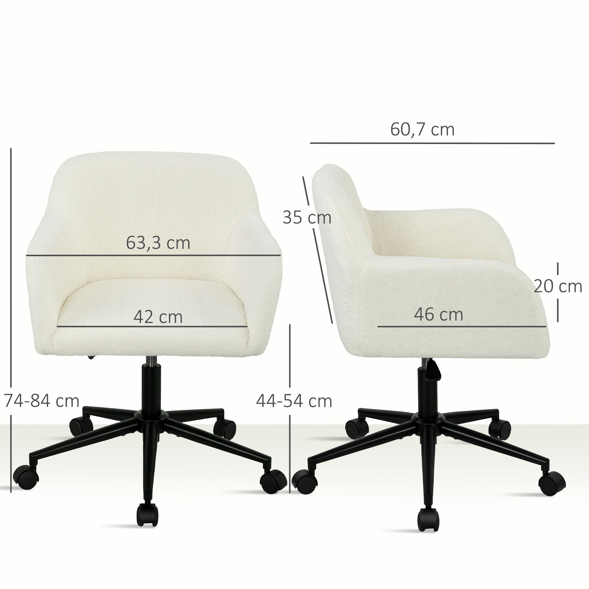 HOMCOM Drehbarer Bürostuhl mit Rollen, Schreibtischstuhl, Fleece-Stoff, Schaumstoff, höhenverstellbar, Homeoffice, Cremeweiß